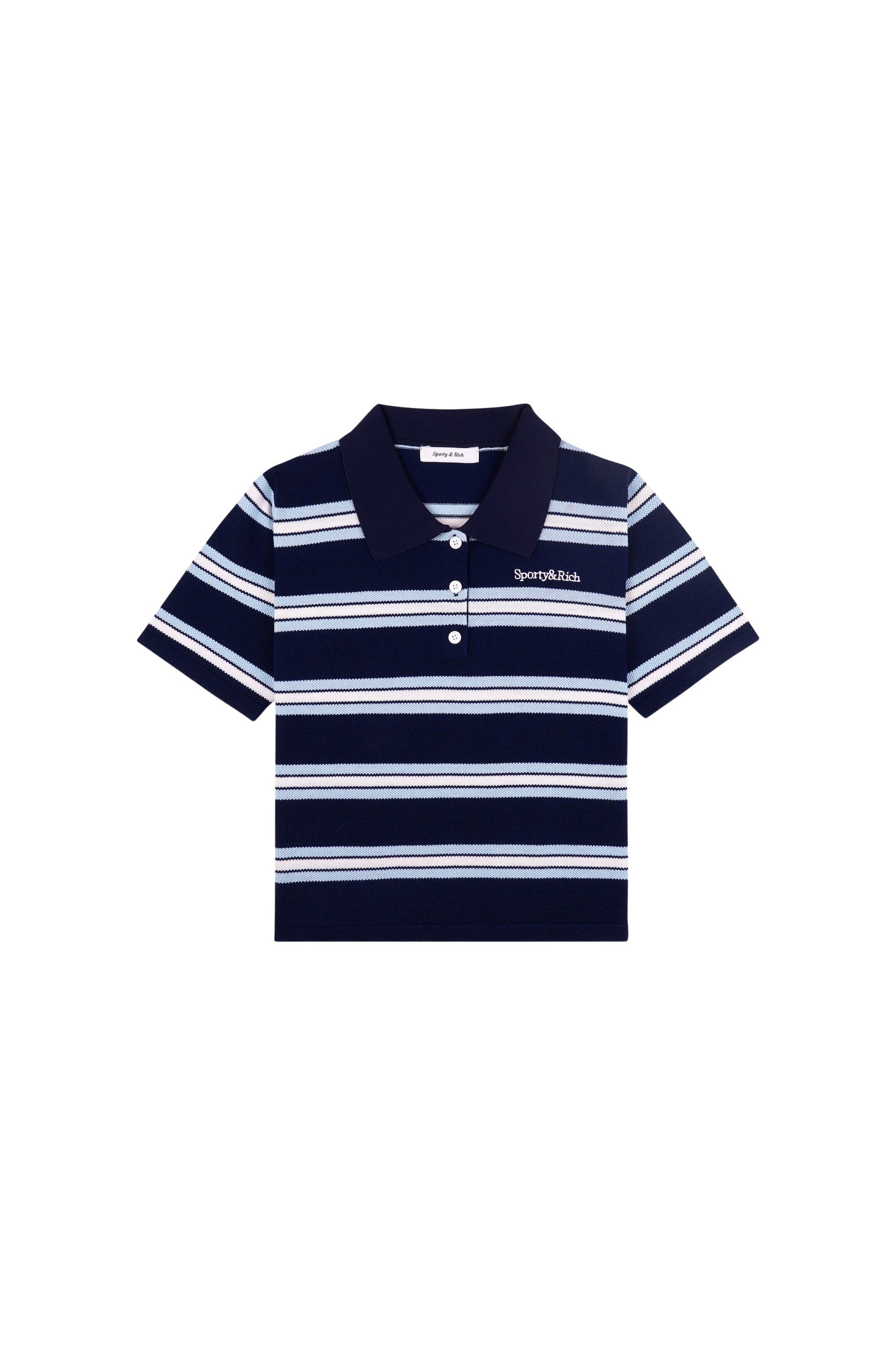Serif Logo Silk Pique Cropped Polo - Navy & White & Flax Blue