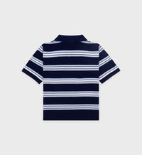 Serif Logo Silk Pique Cropped Polo - Navy & White & Flax Blue