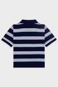 Serif Logo Silk Pique Cropped Polo - Navy & White & Flax Blue