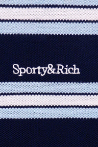 Serif Logo Silk Pique Cropped Polo - Navy & White & Flax Blue