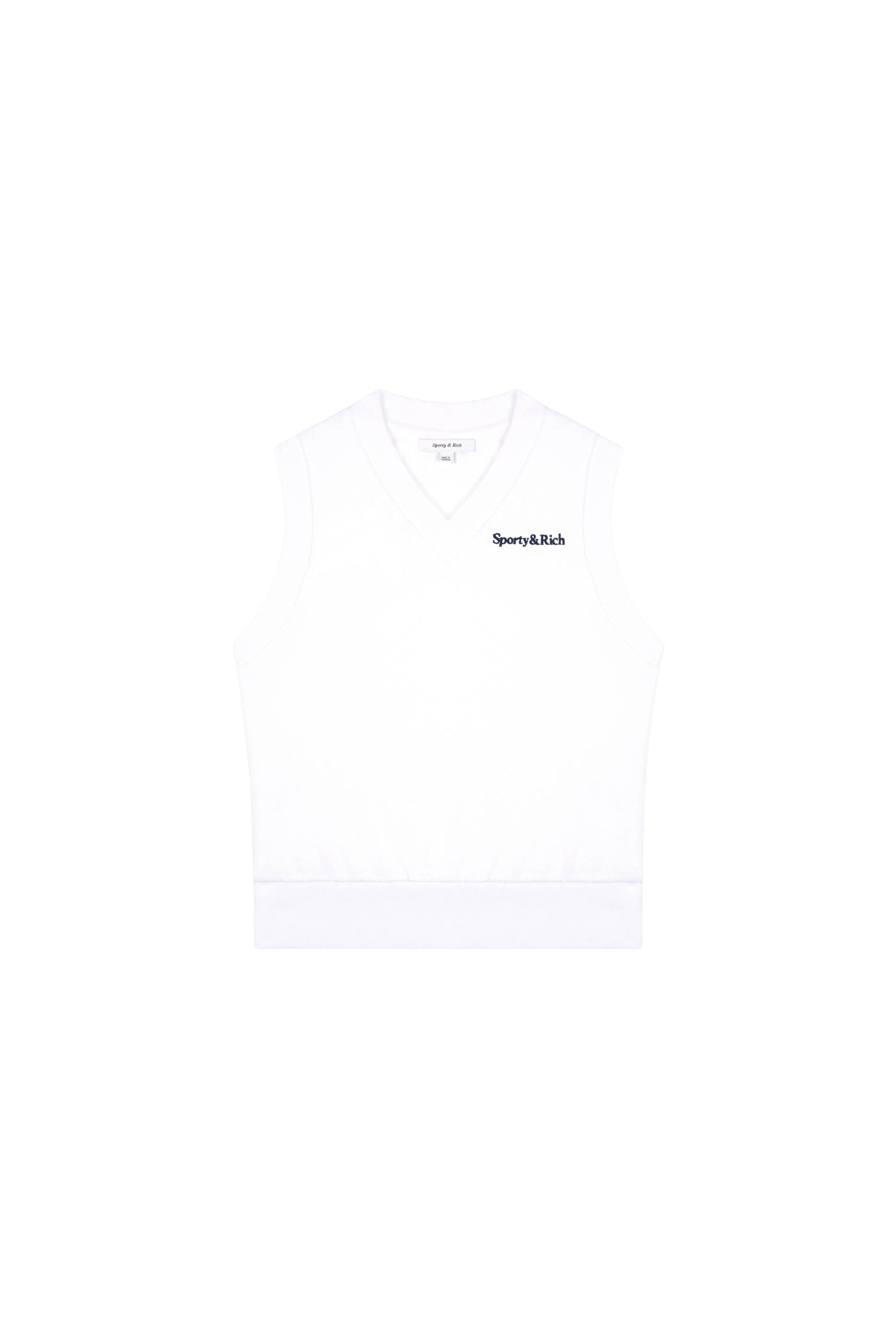 Serif Logo V-Neck Terry Vest - White & Navy