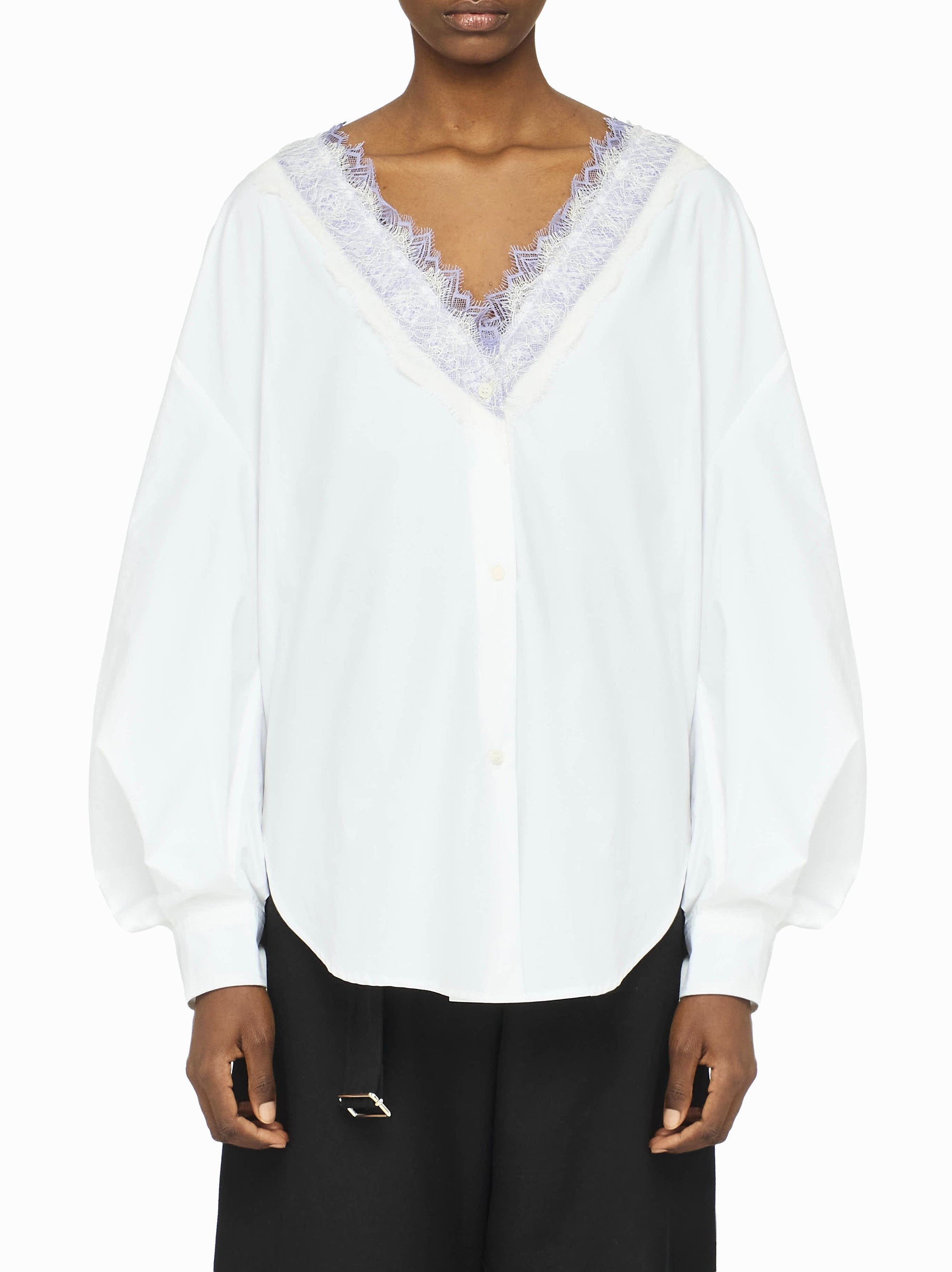 Chemise À Col En V Avec Bordure En Dentelle - White