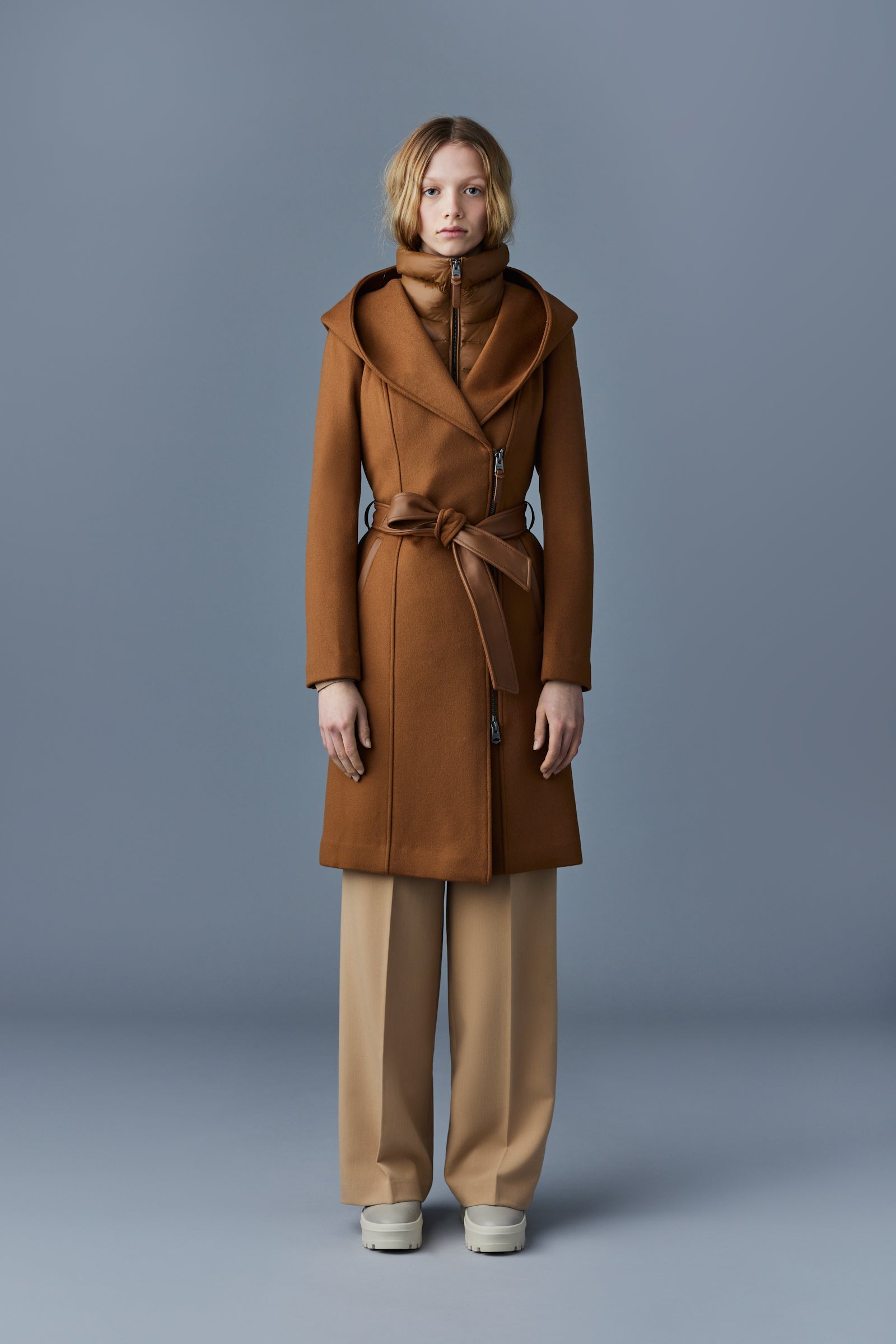 Shia mid-length coat with belted hood in wool - Camel