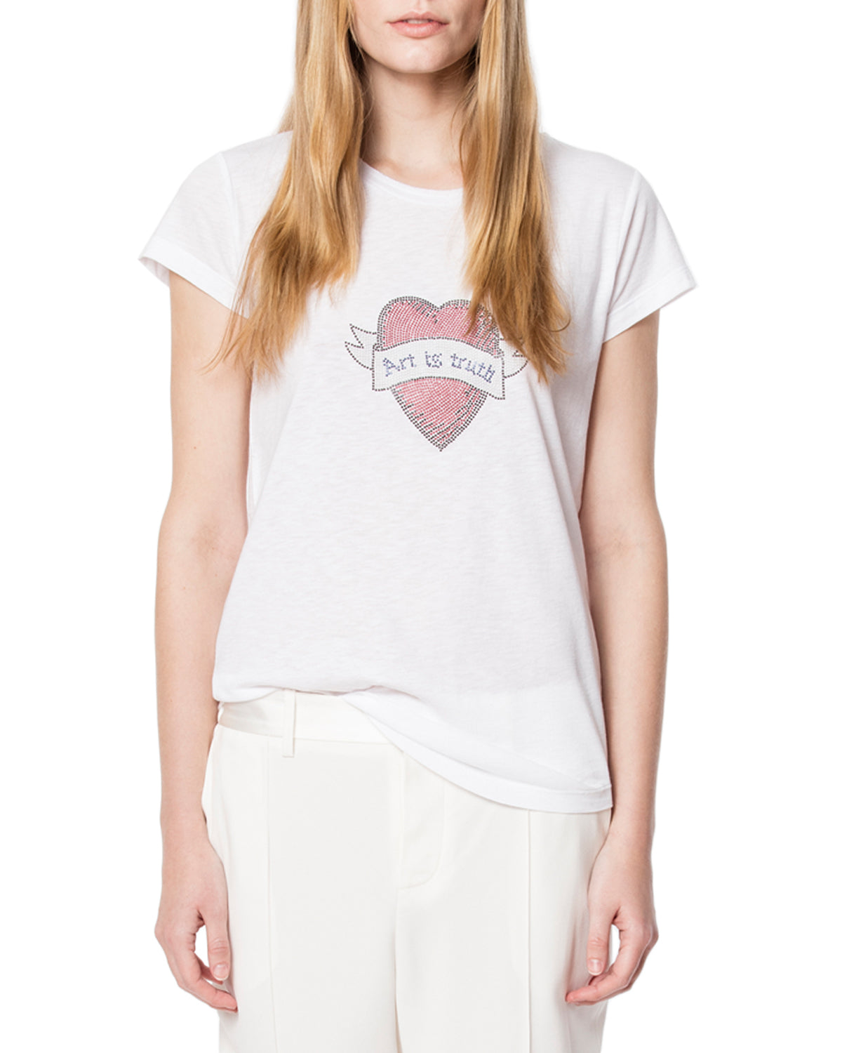 ZHORS LIGNE BLANC SKINNY STRASS HEART RIBBON T-S