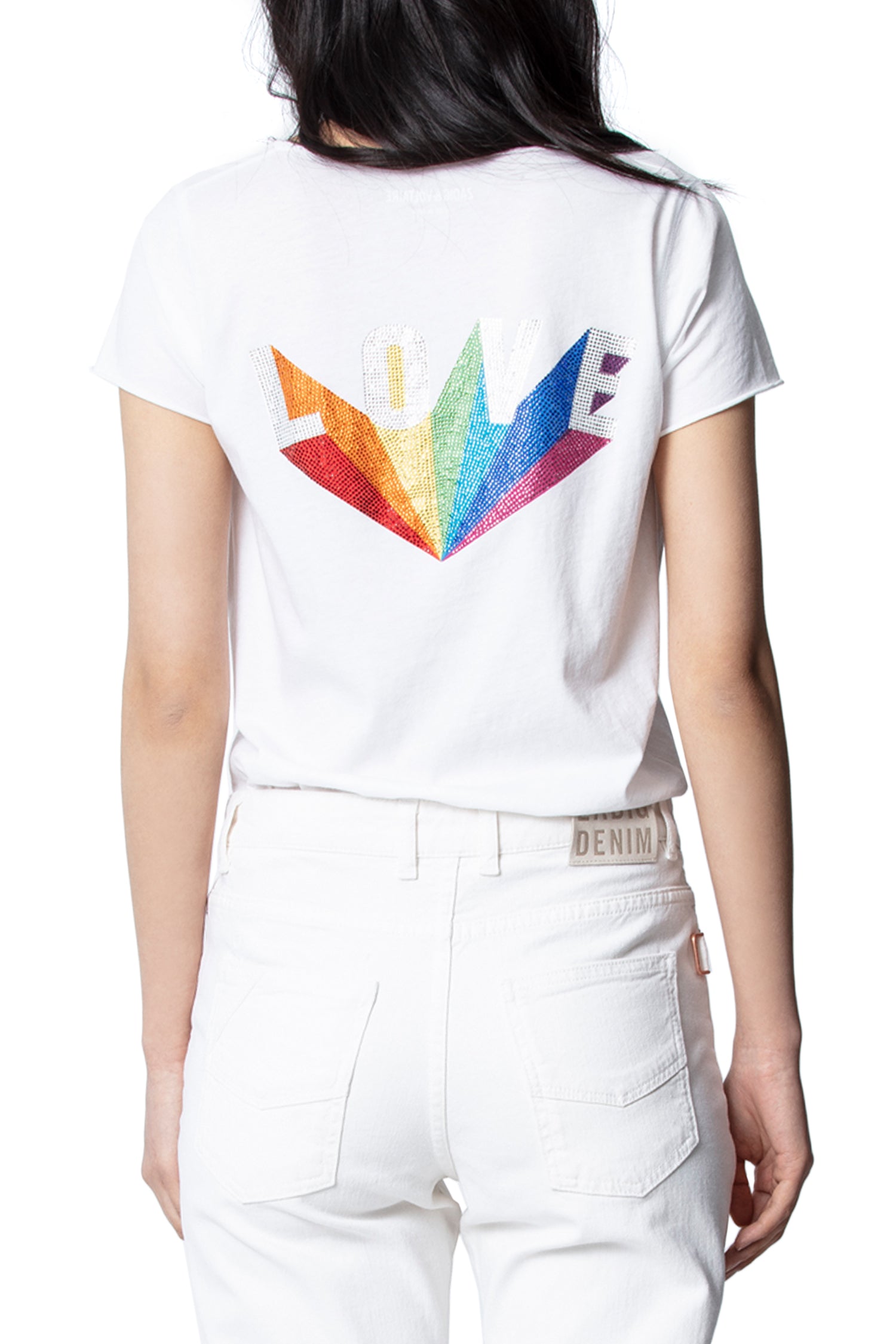 T-shirt à col tunisien Love Rainbow Strass - Blanc