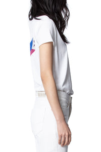 T-shirt à col tunisien Love Rainbow Strass - Blanc