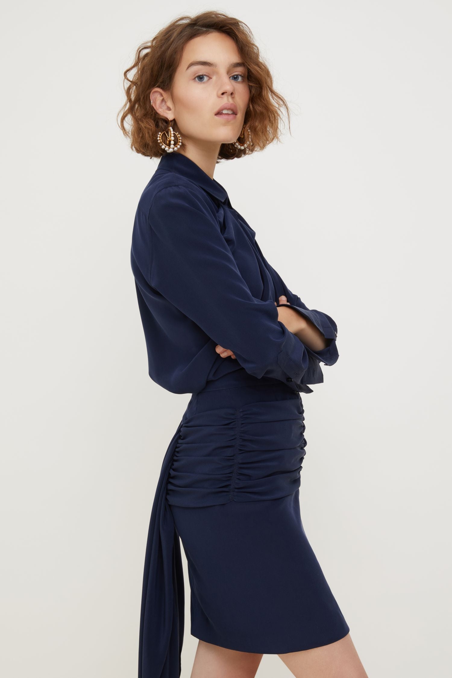 Silk skirt with draped panels - Navy blue