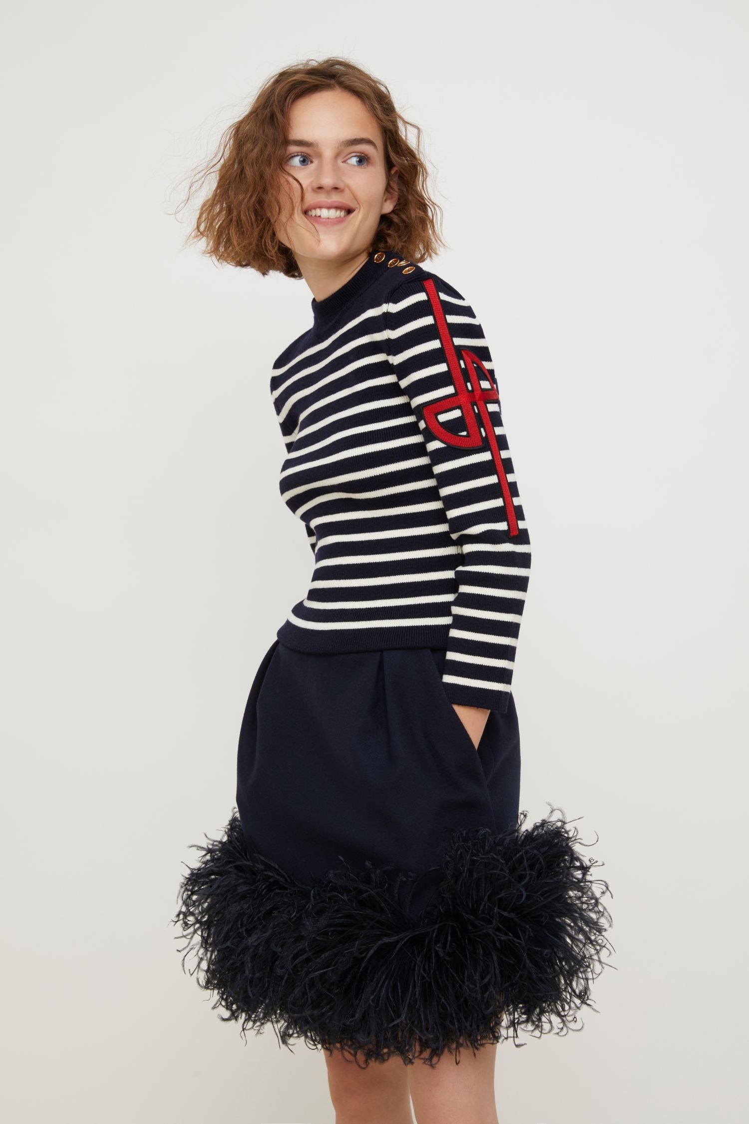 Short wool feather skirt - Navy blue