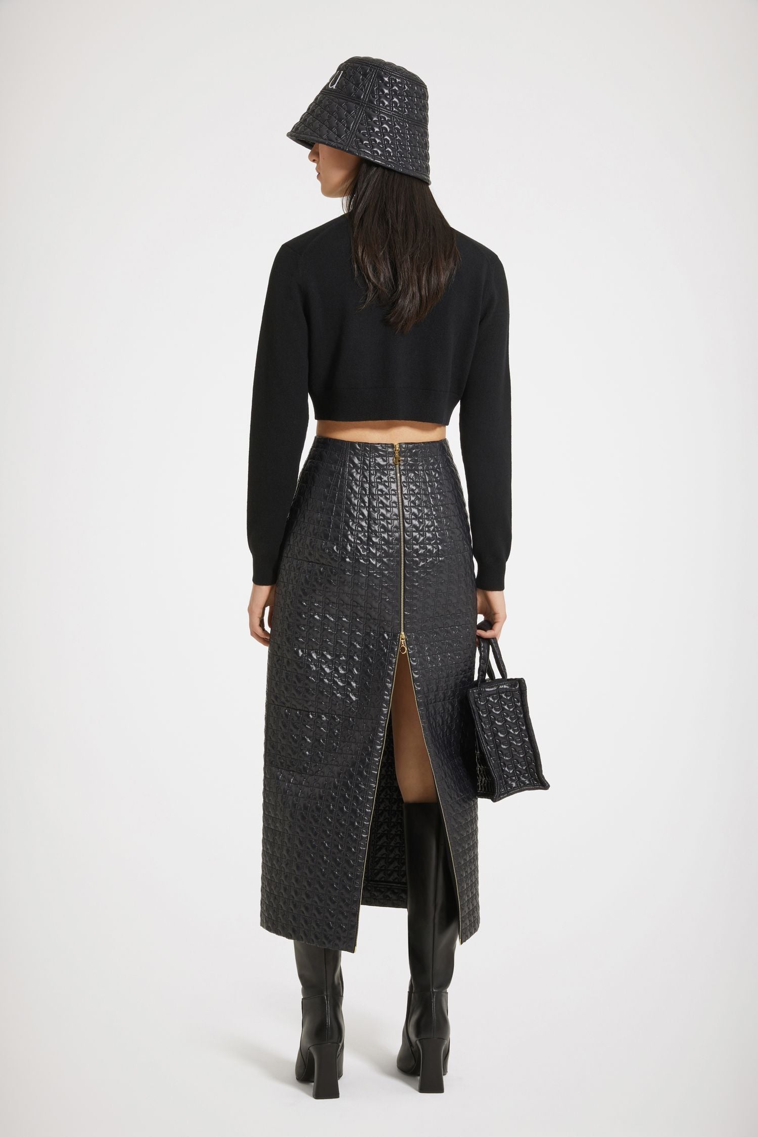 Jupe midi zippée en nylon matelassé éco-responsable - Noir