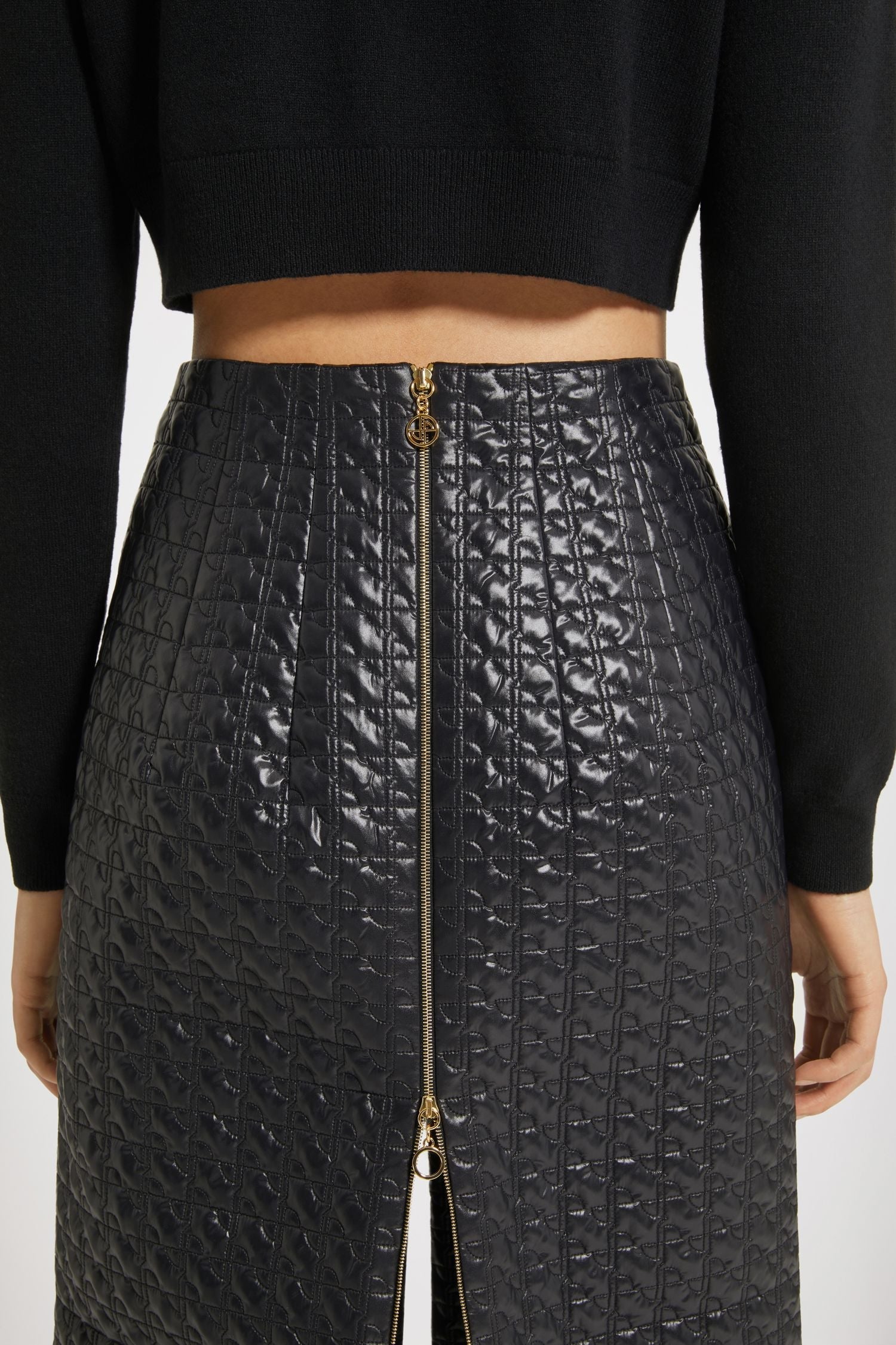Jupe midi zippée en nylon matelassé éco-responsable - Noir