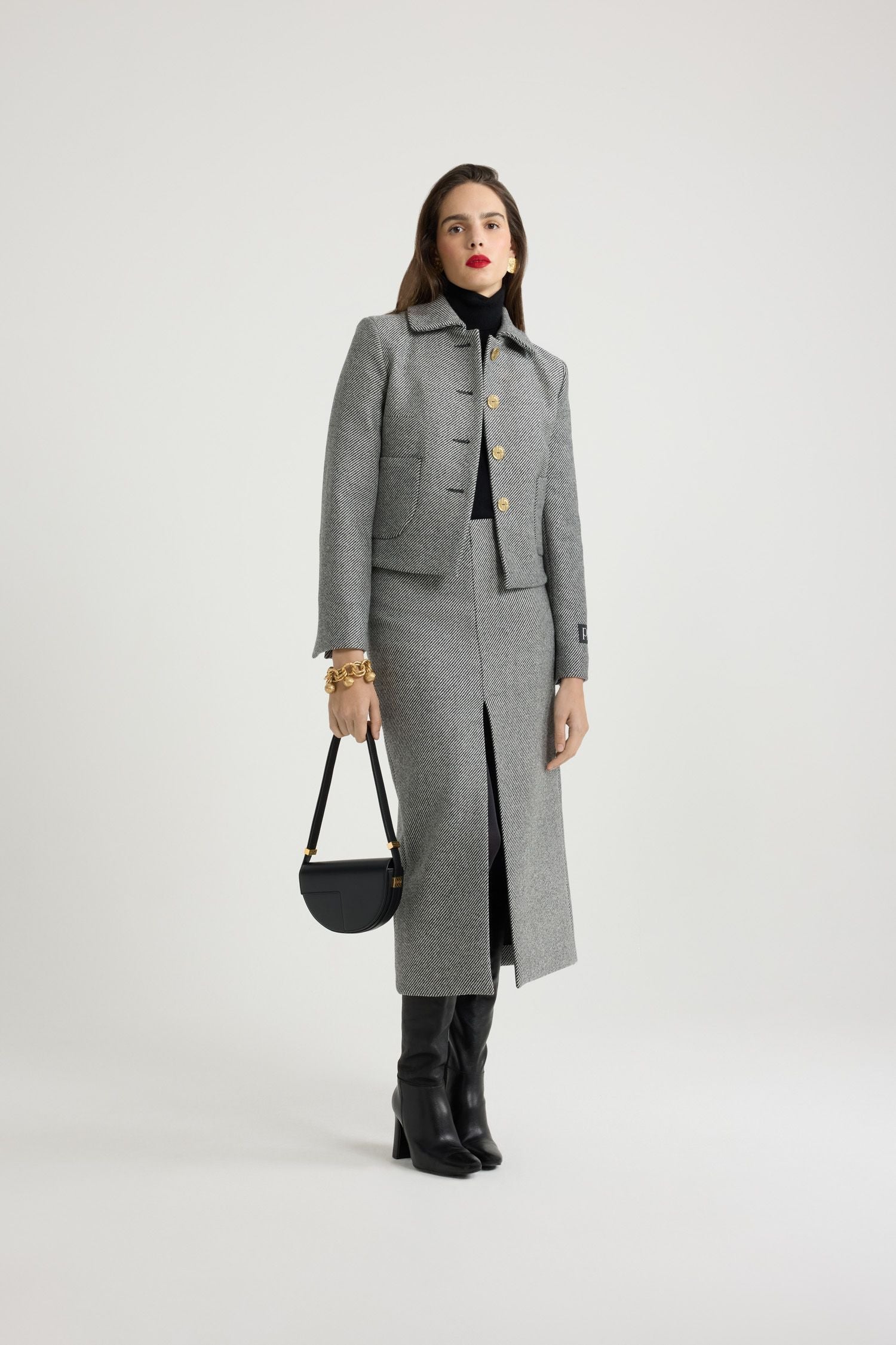 Jupe midi zippée en laine texturée - Gris Graphite