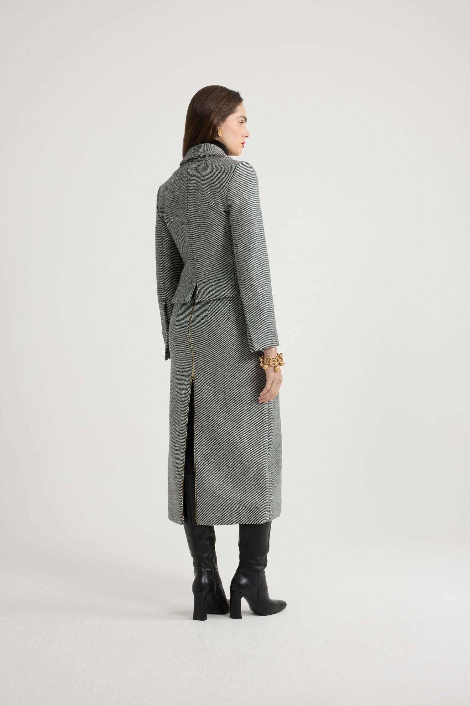 Jupe midi zippée en laine texturée - Gris Graphite