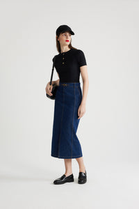 Rodeo Blue / Jupe midi fendue en denim bio