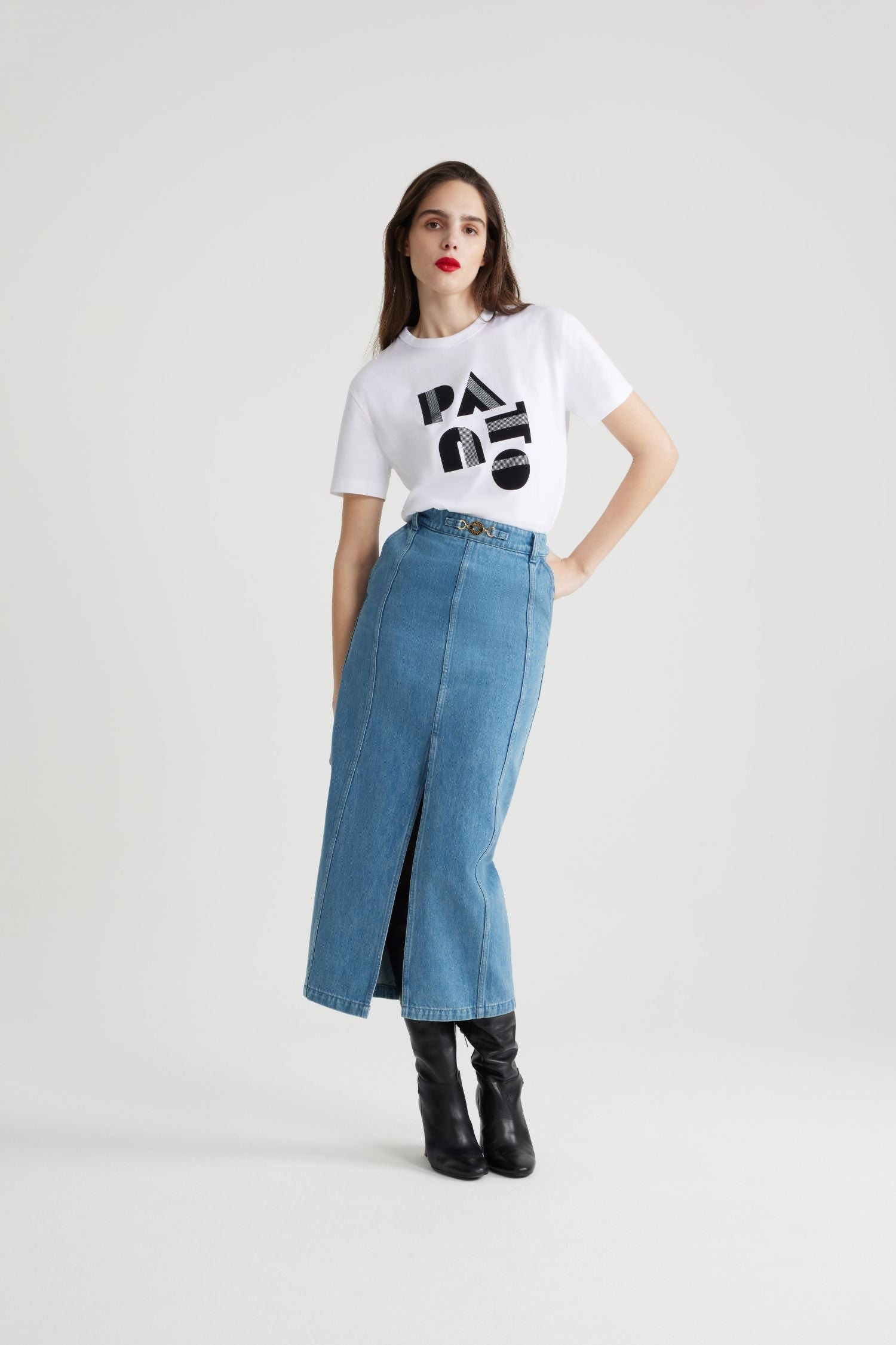 Jupe midi fendue en denim bio - Bleu Glacier