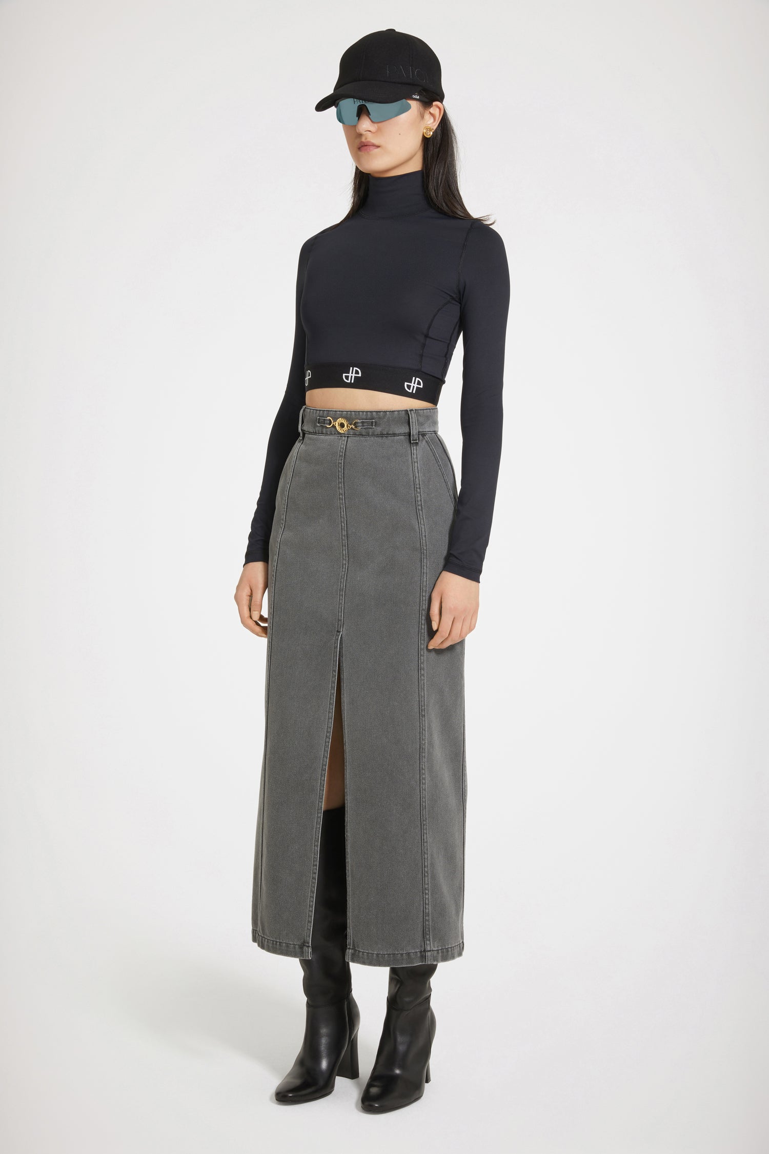 Jupe midi fendue en denim bio - Gris Anthracite