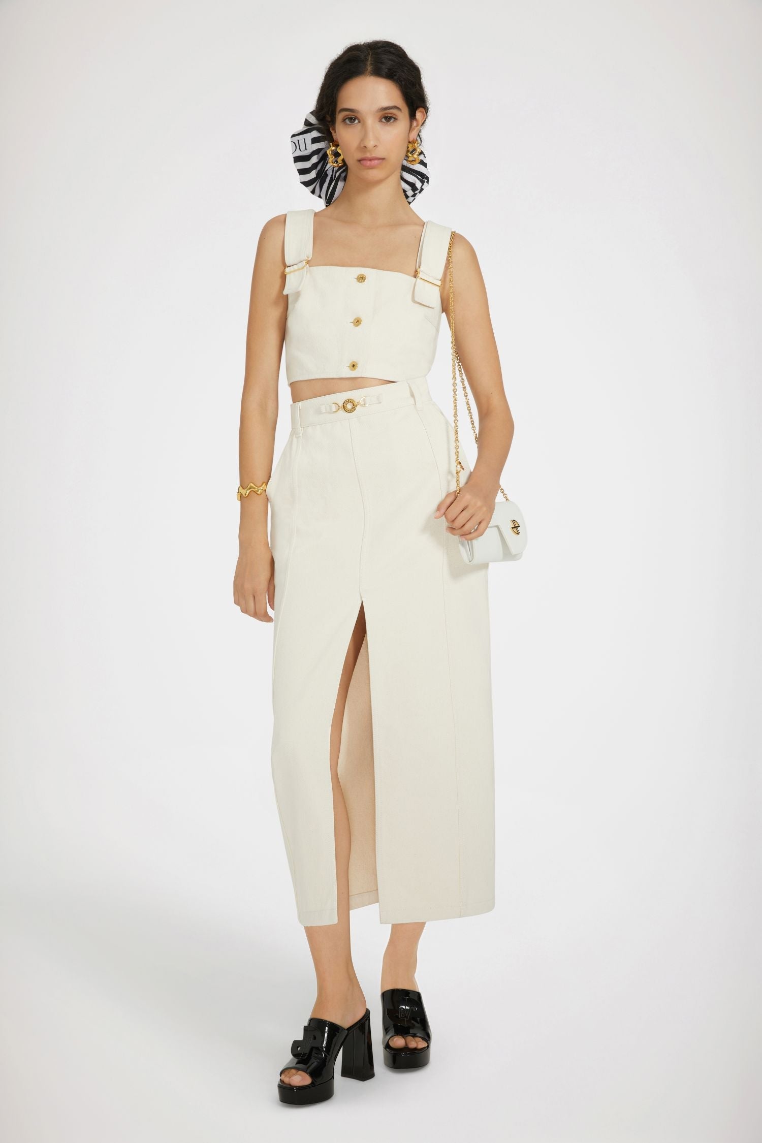 Jupe midi fendue en denim de coton régénéré - Ecru
