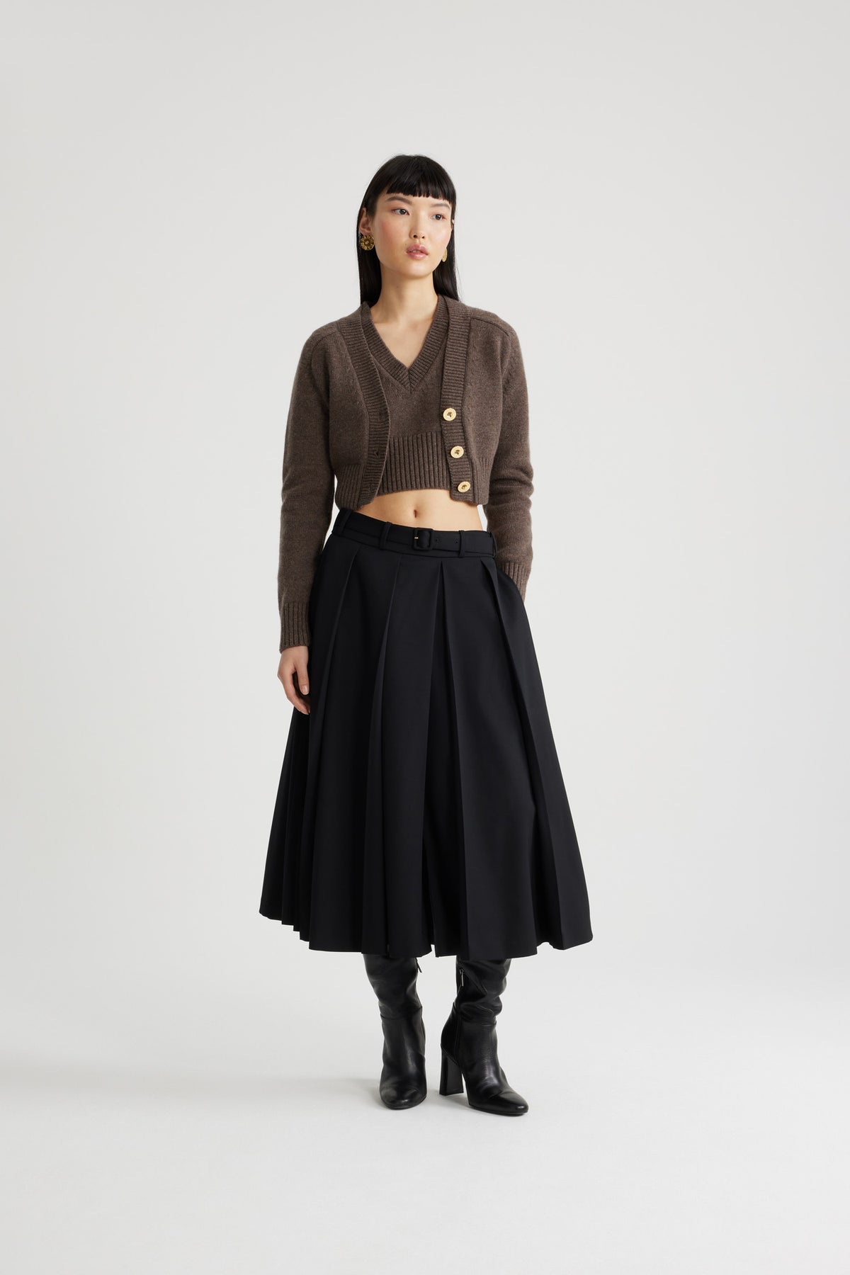 Black / Jupe midi plissée en laine technique