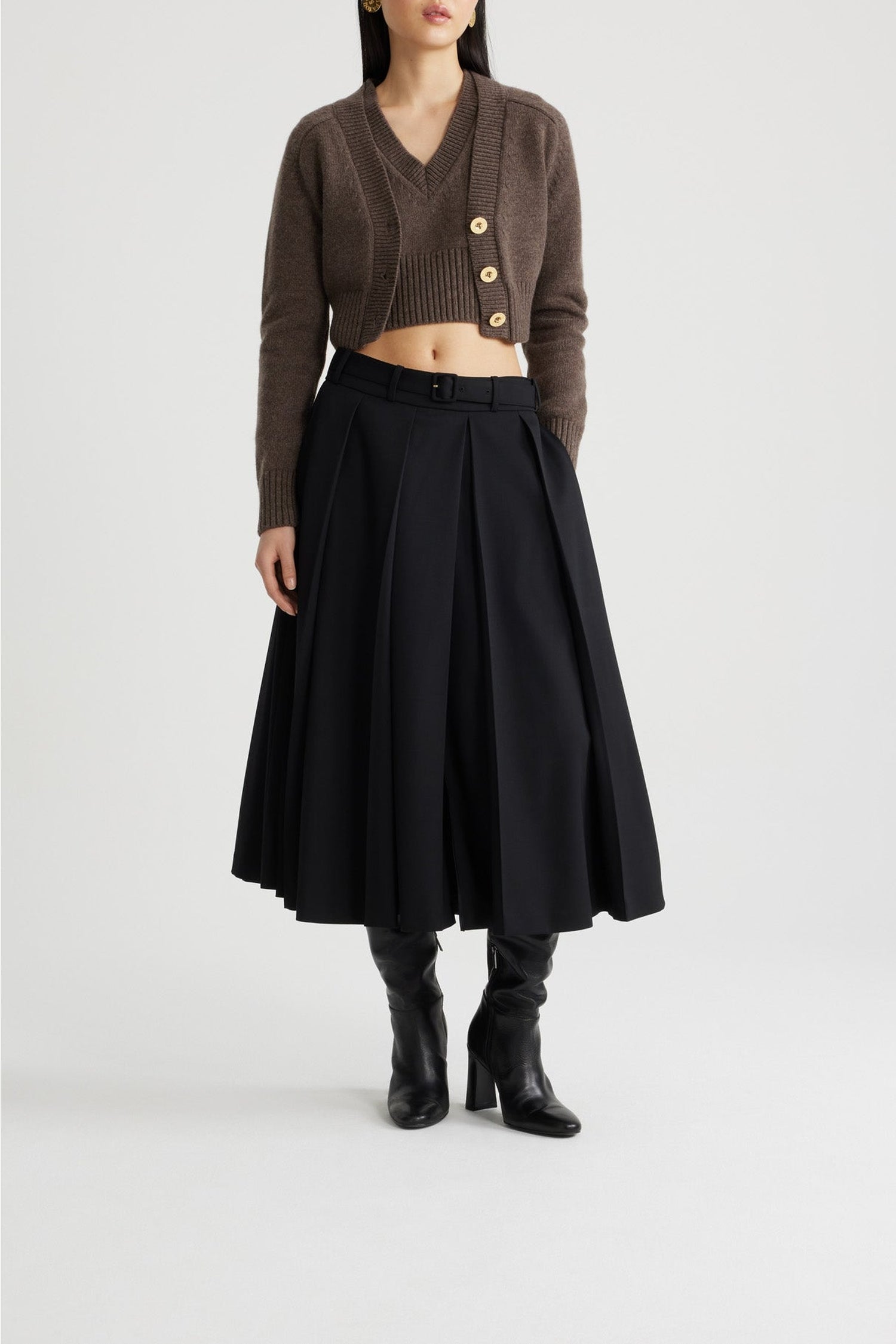 Jupe midi plissée en laine - Noir