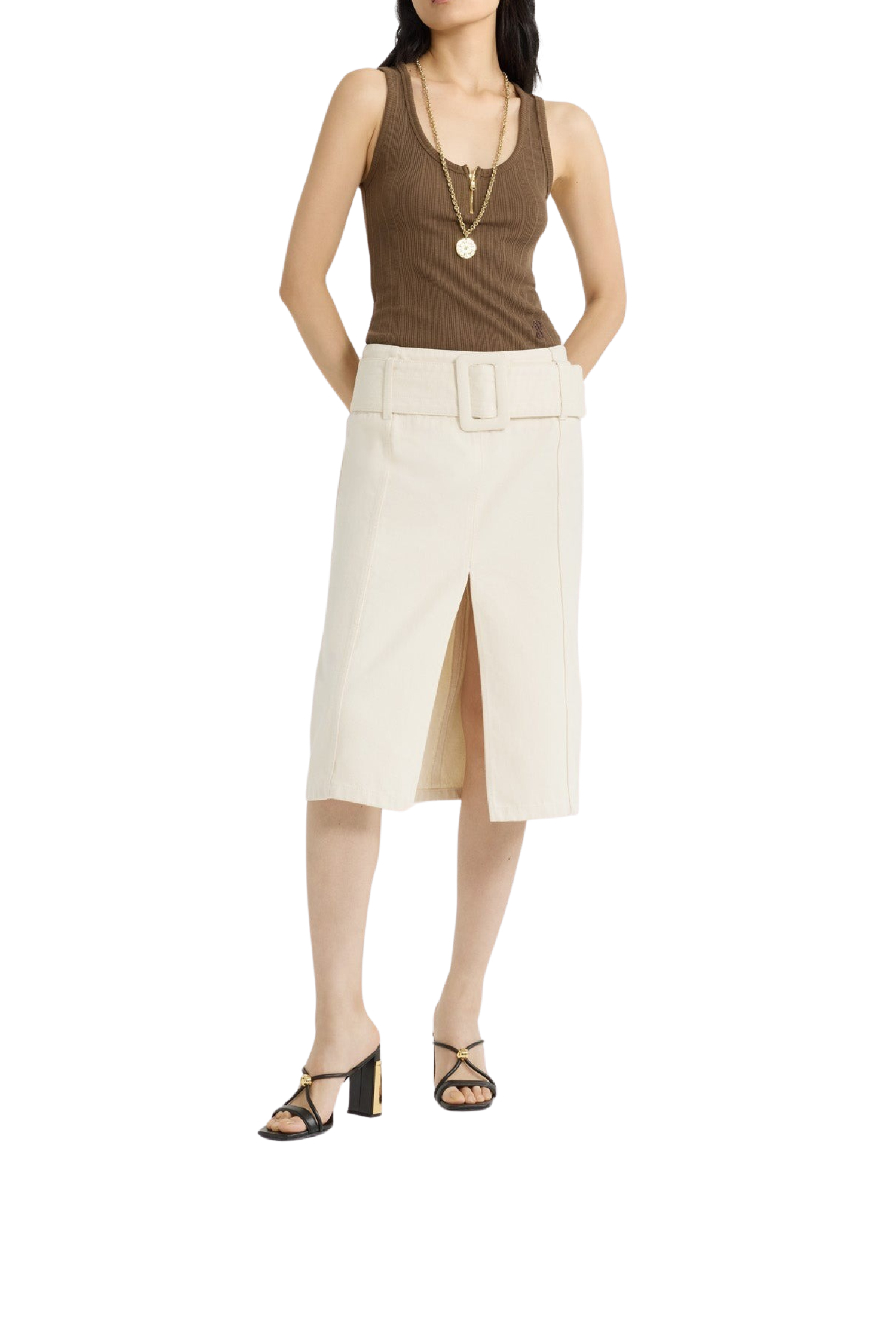 Belted denim midi skirt - Natural