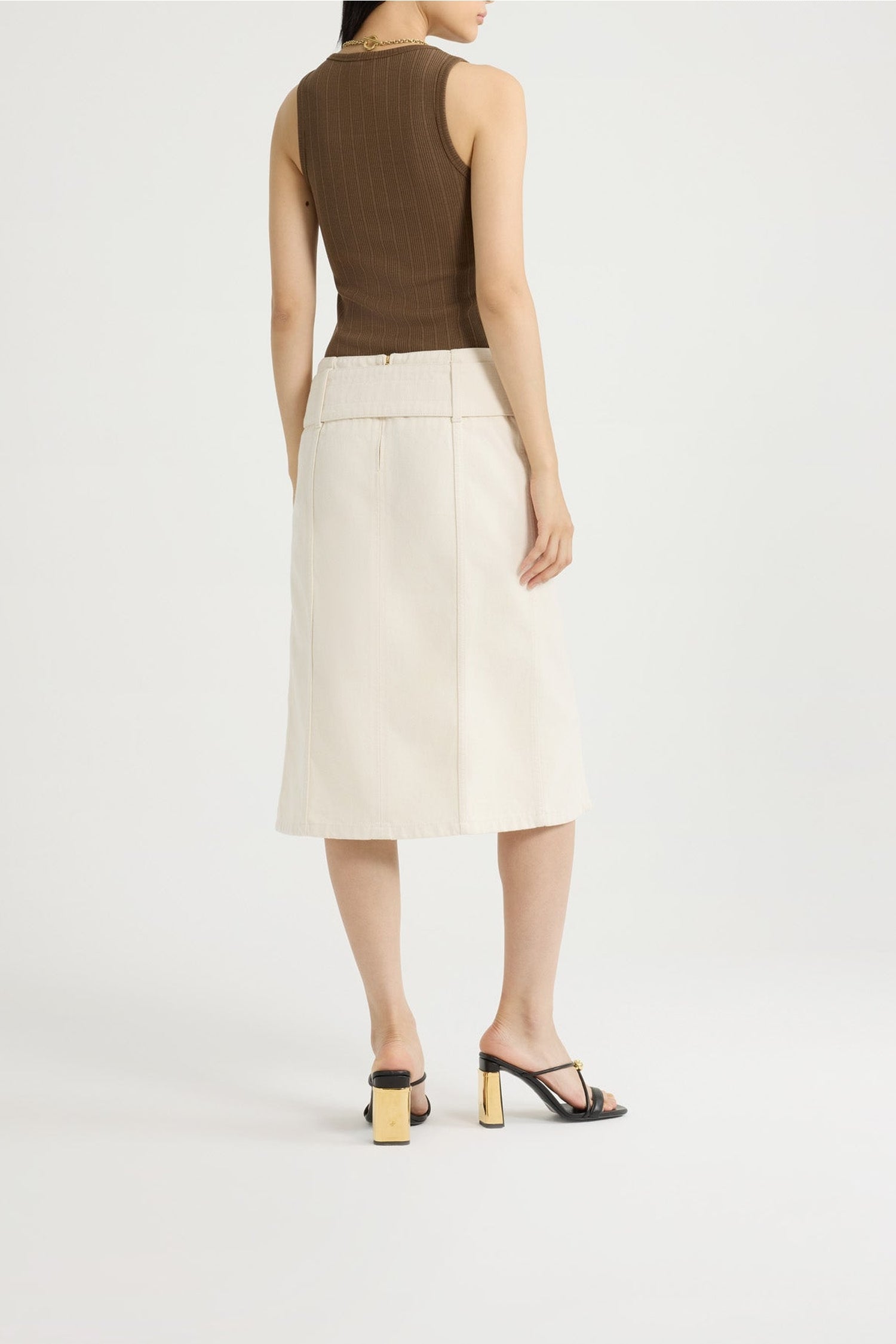 Belted denim midi skirt - Natural