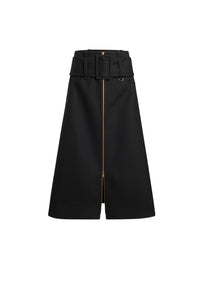 Black / Jupe midi ceinturée zippée à l’avant en laine