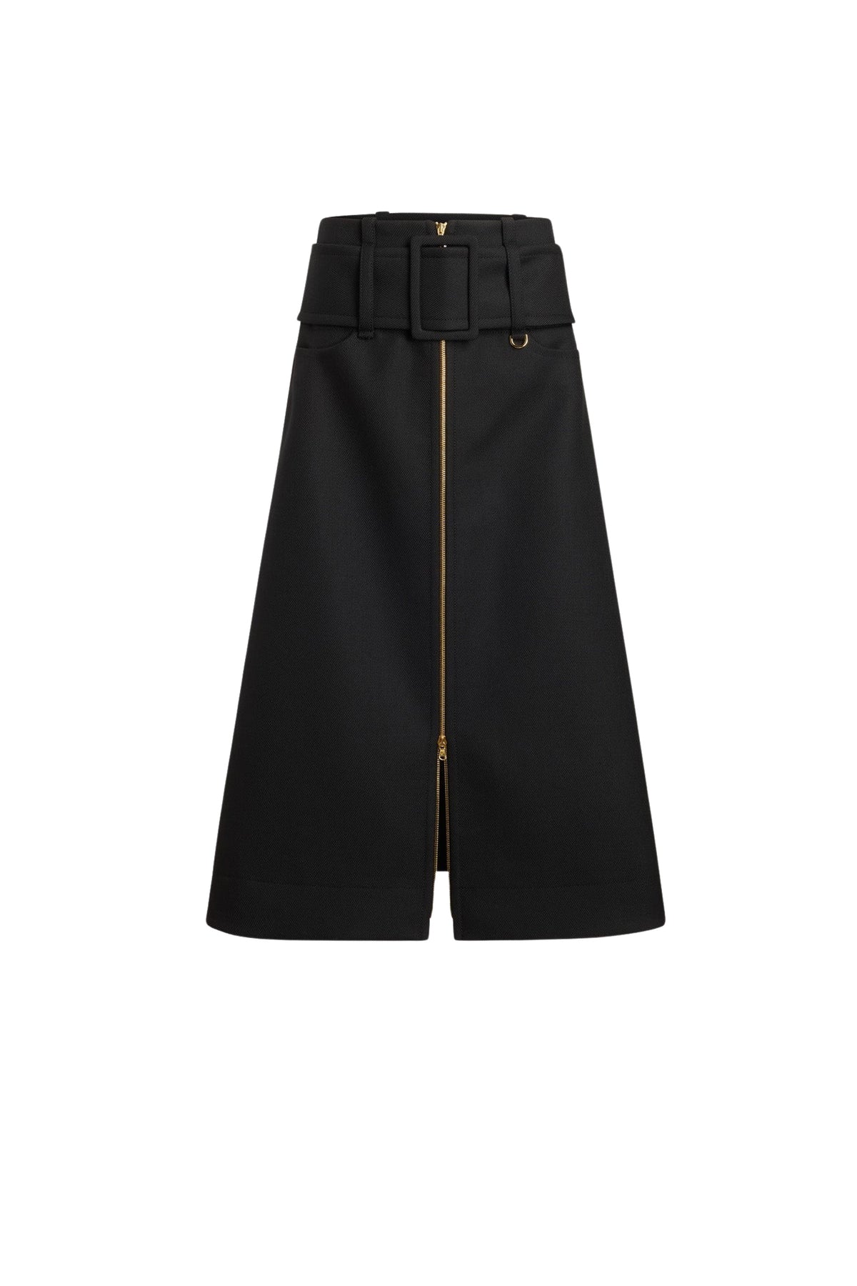 Black / Jupe midi ceinturée zippée à l’avant en laine
