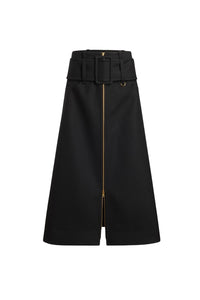 Jupe midi ceinturée zippée en laine - Noir
