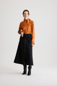 Black / Jupe midi ceinturée zippée à l’avant en laine