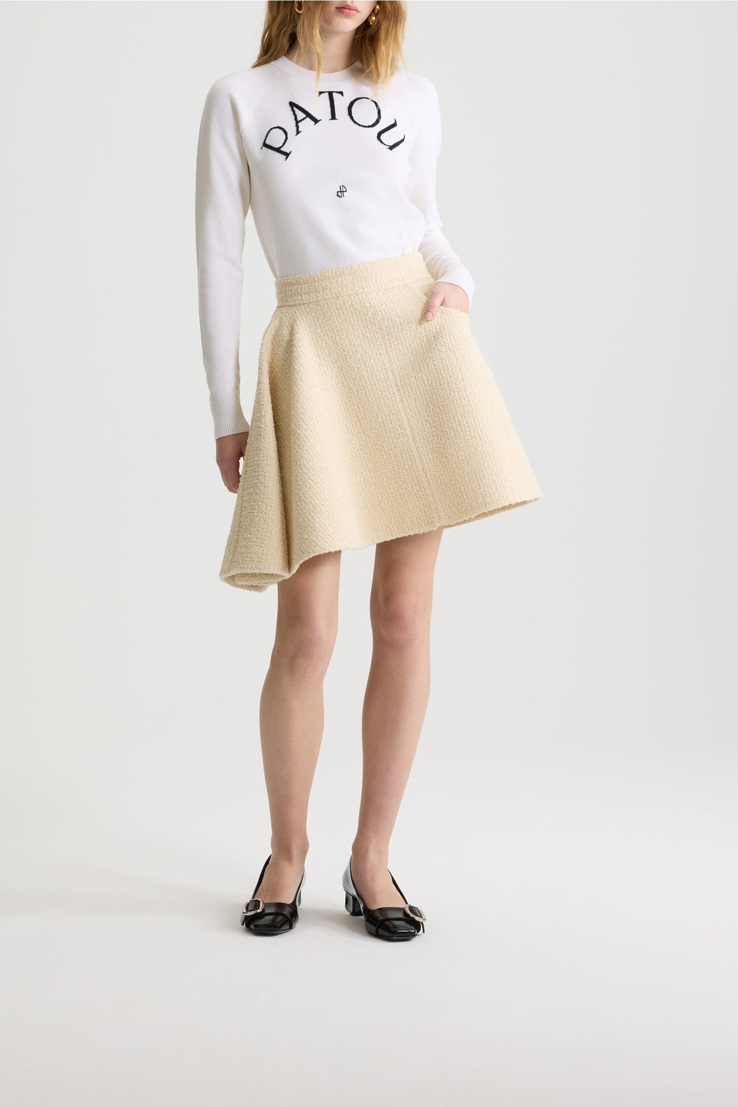 Jupe courte asymétrique en tweed de laine - Blanc Cassé