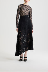 Jupe midi asymétrique en dentelle de coton - Noir