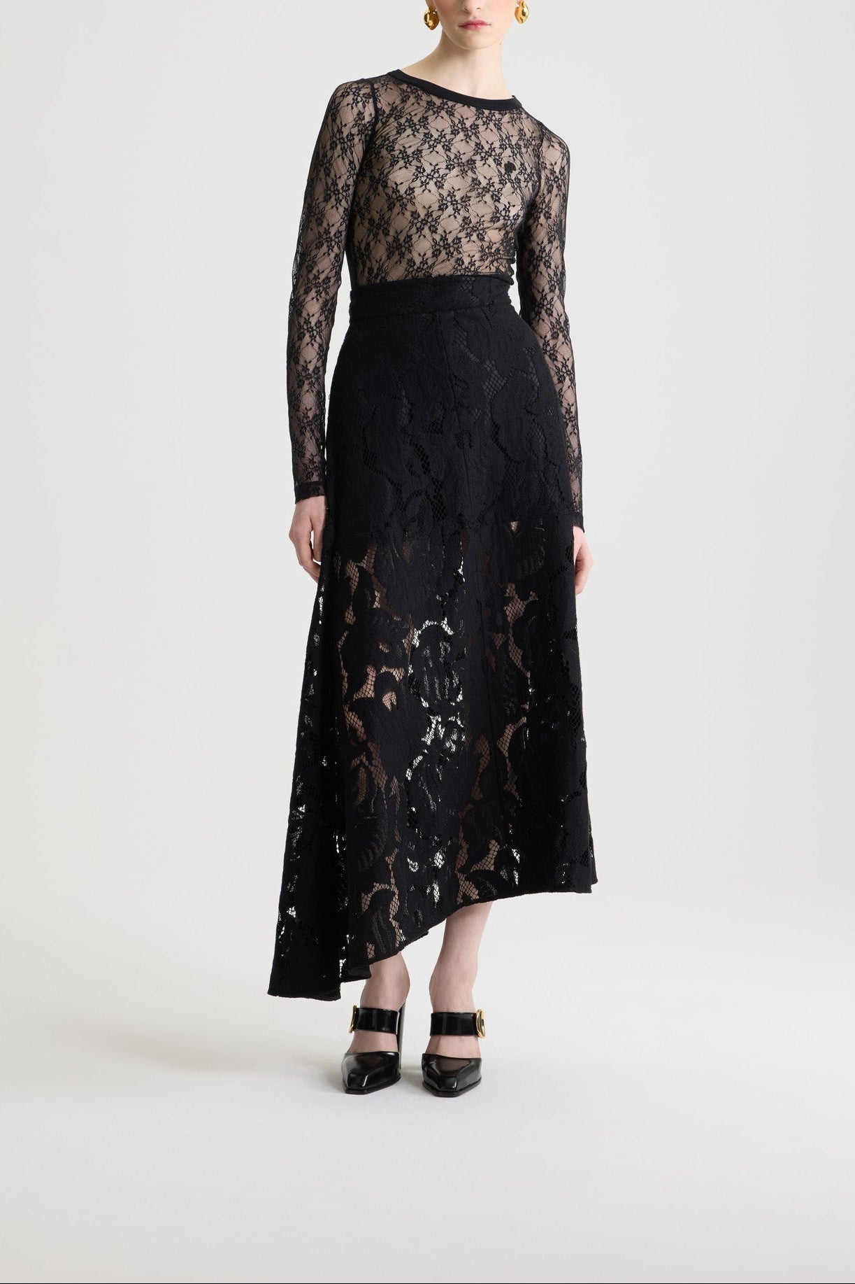 Jupe midi asymétrique en dentelle de coton - Noir