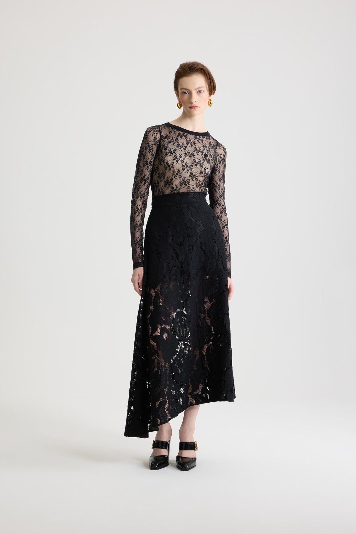 Black / Jupe midi asymétrique en dentelle de coton bio mélangé
