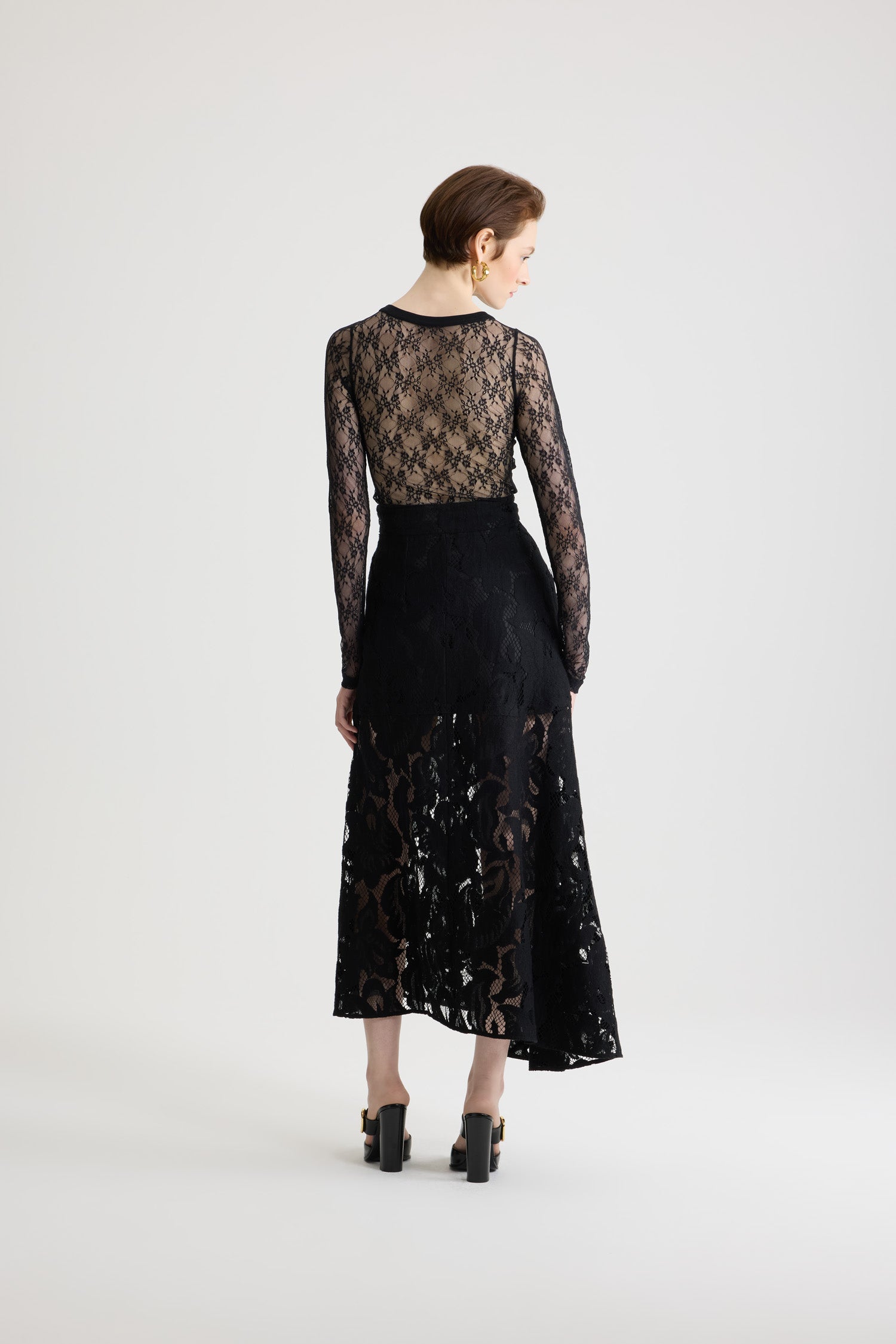 Black / Jupe midi asymétrique en dentelle de coton bio mélangé