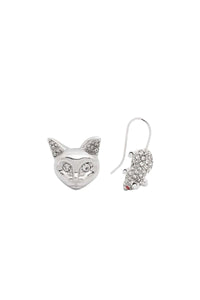 Cat and Mouse crystal earrings in brass - Silver & Crystal