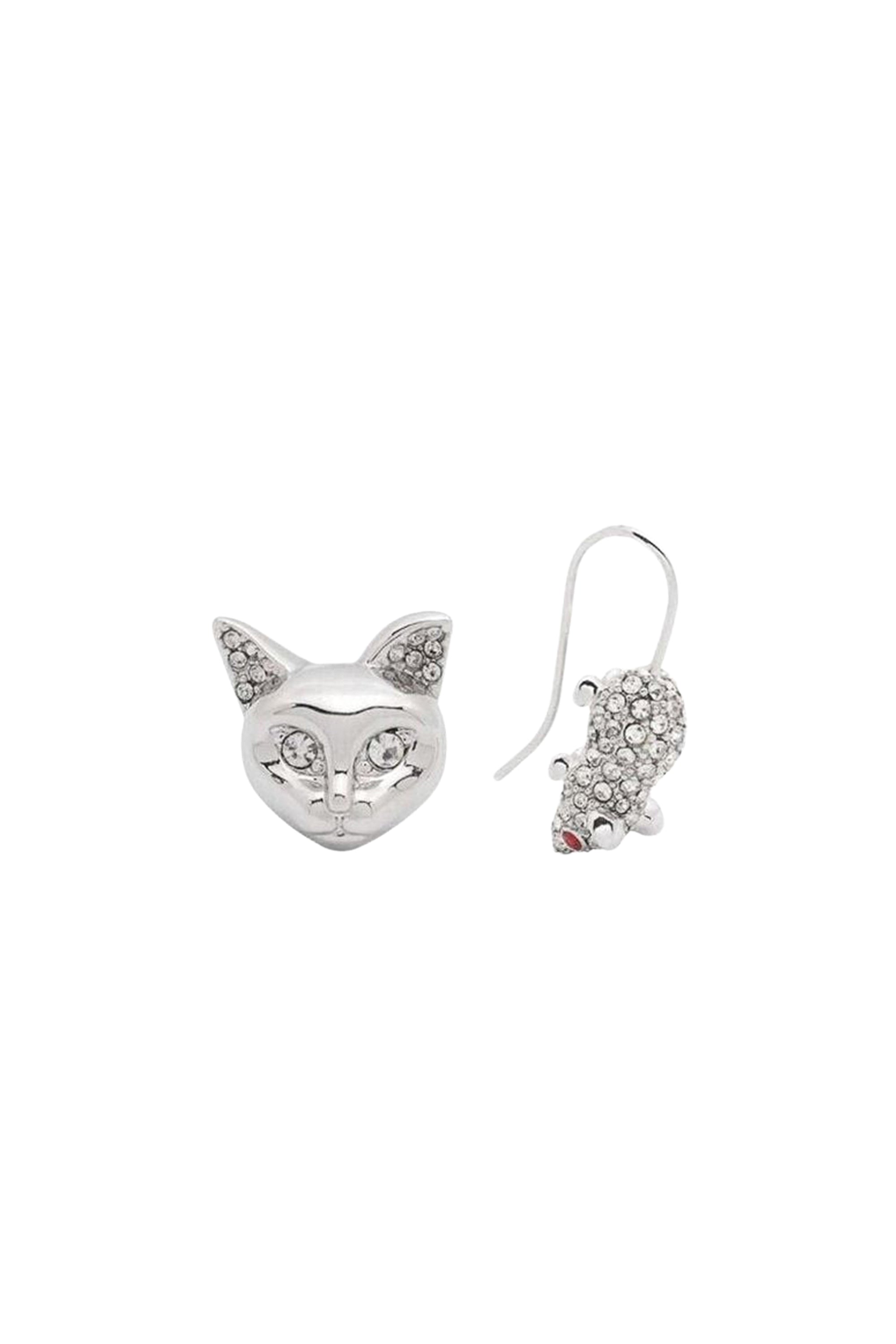 Cat and Mouse crystal earrings in brass - Silver & Crystal