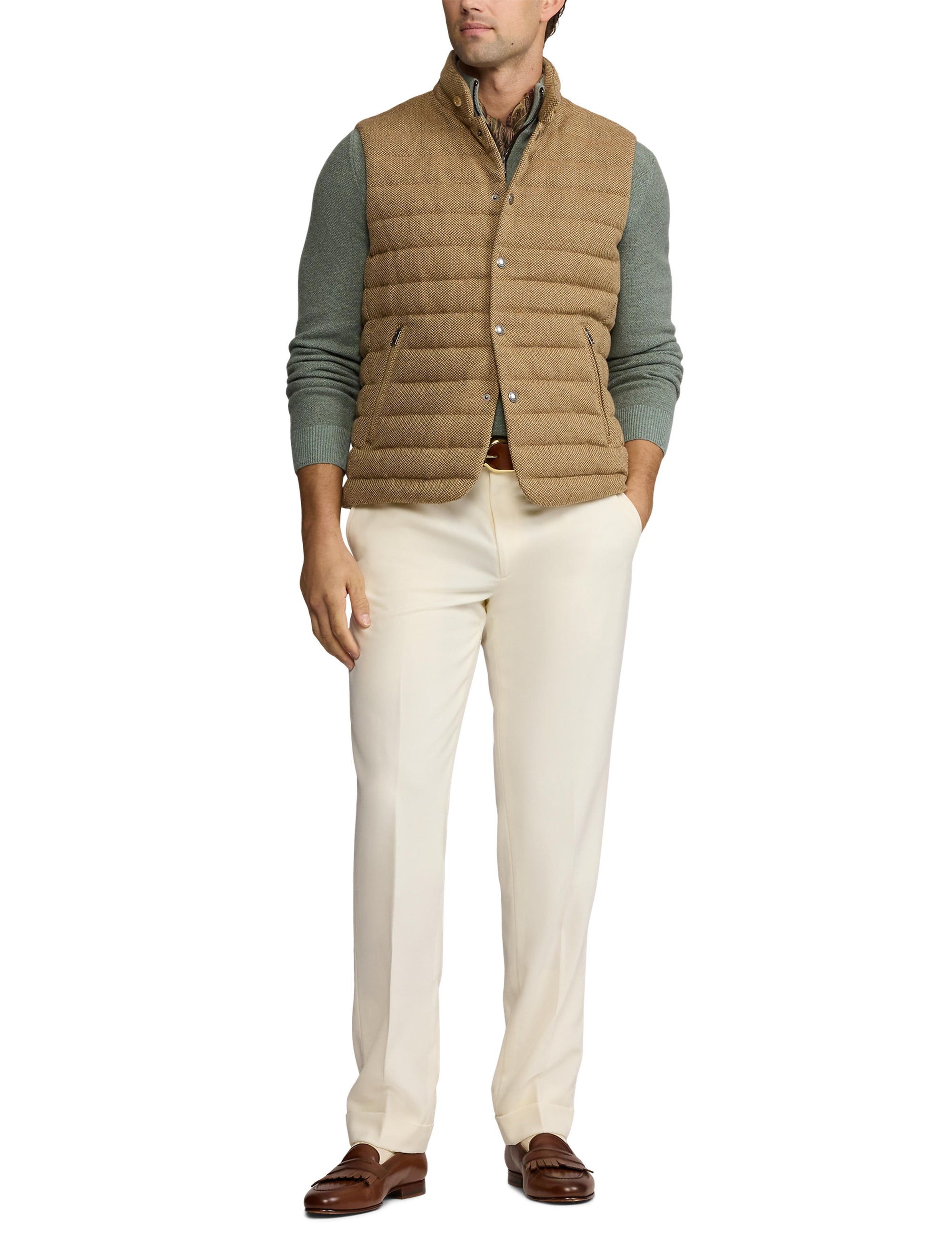Gilet matelassé en laine et lin mélangé - Tan & Brown