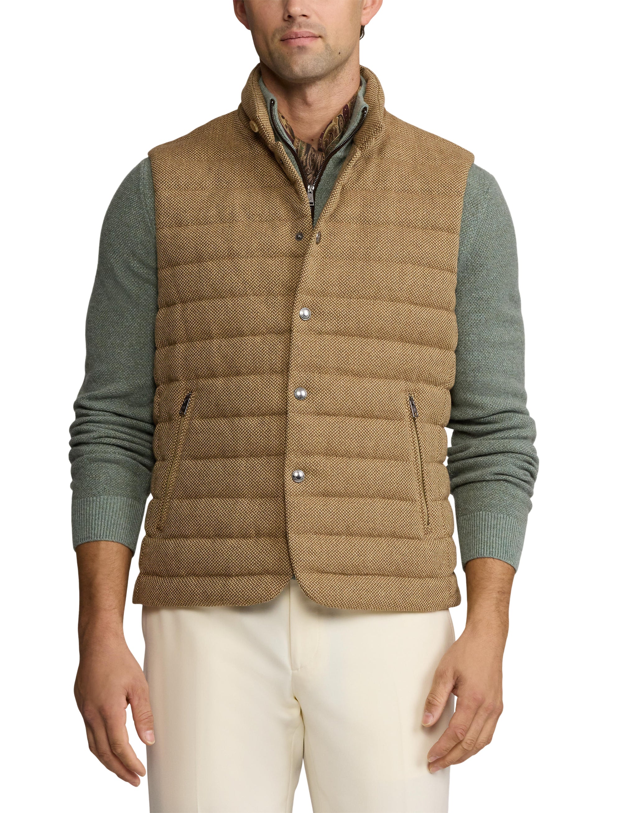 Gilet matelassé en laine et lin mélangé - Tan & Brown