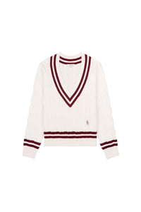 Pull à col en V tricoté en maille - Off White