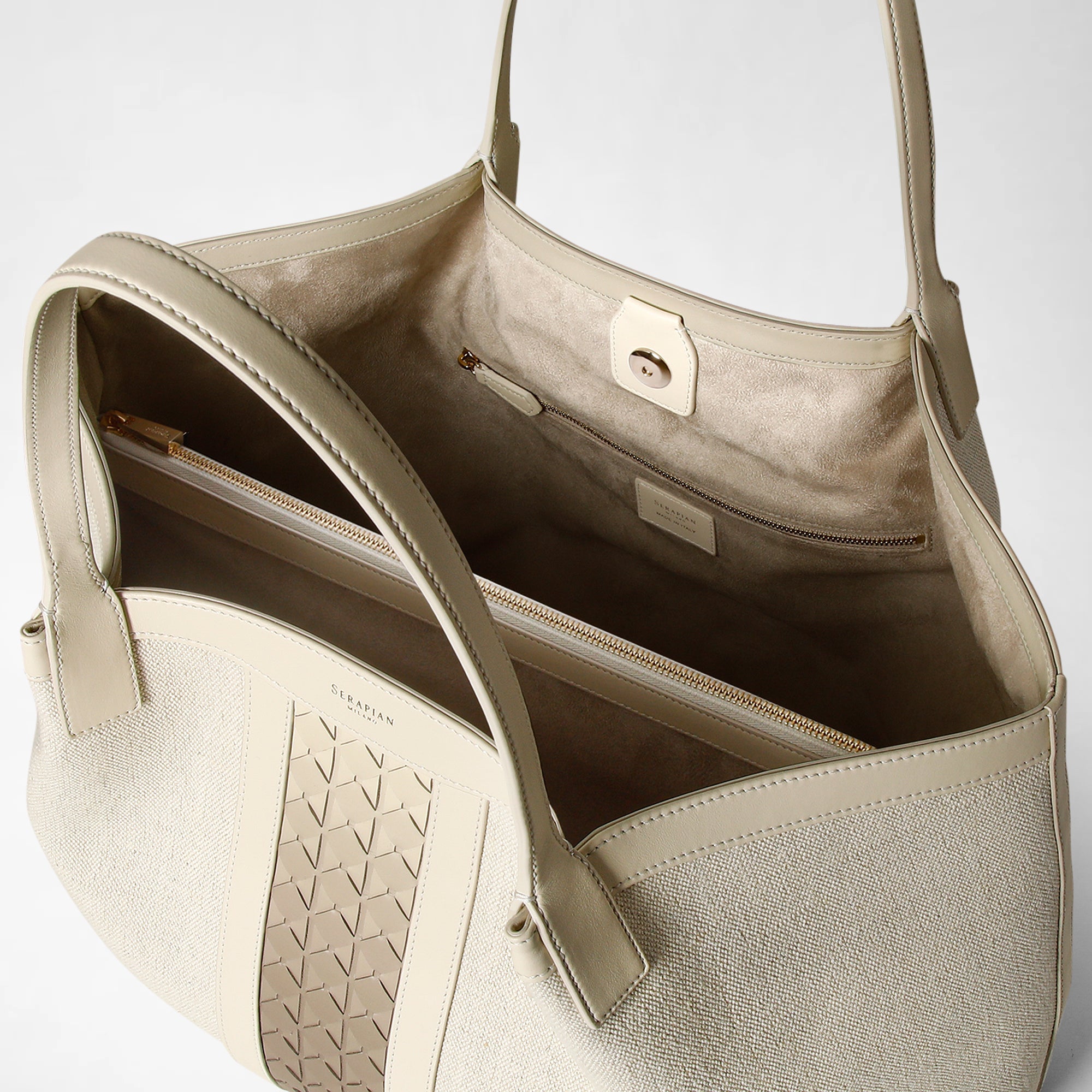 Mosaico canvas and leather Secret bag - Off White & Shaded Sahara