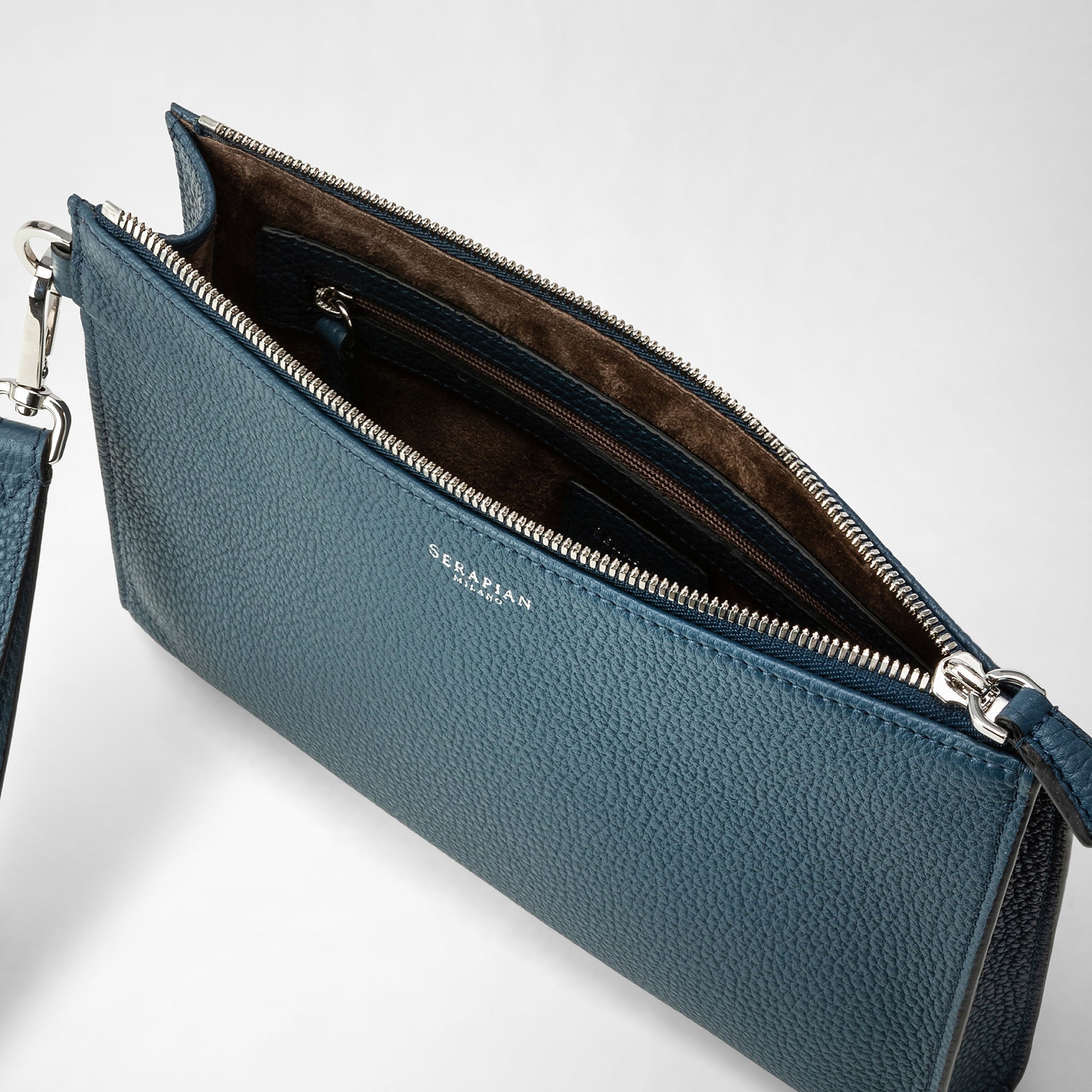 Leather zip clutch bag - Denim Blue