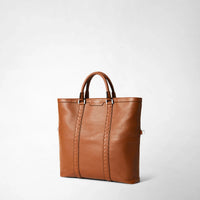 Mosaico foldable leather shopping bag - Tobacco