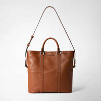Mosaico foldable leather shopping bag - Tobacco