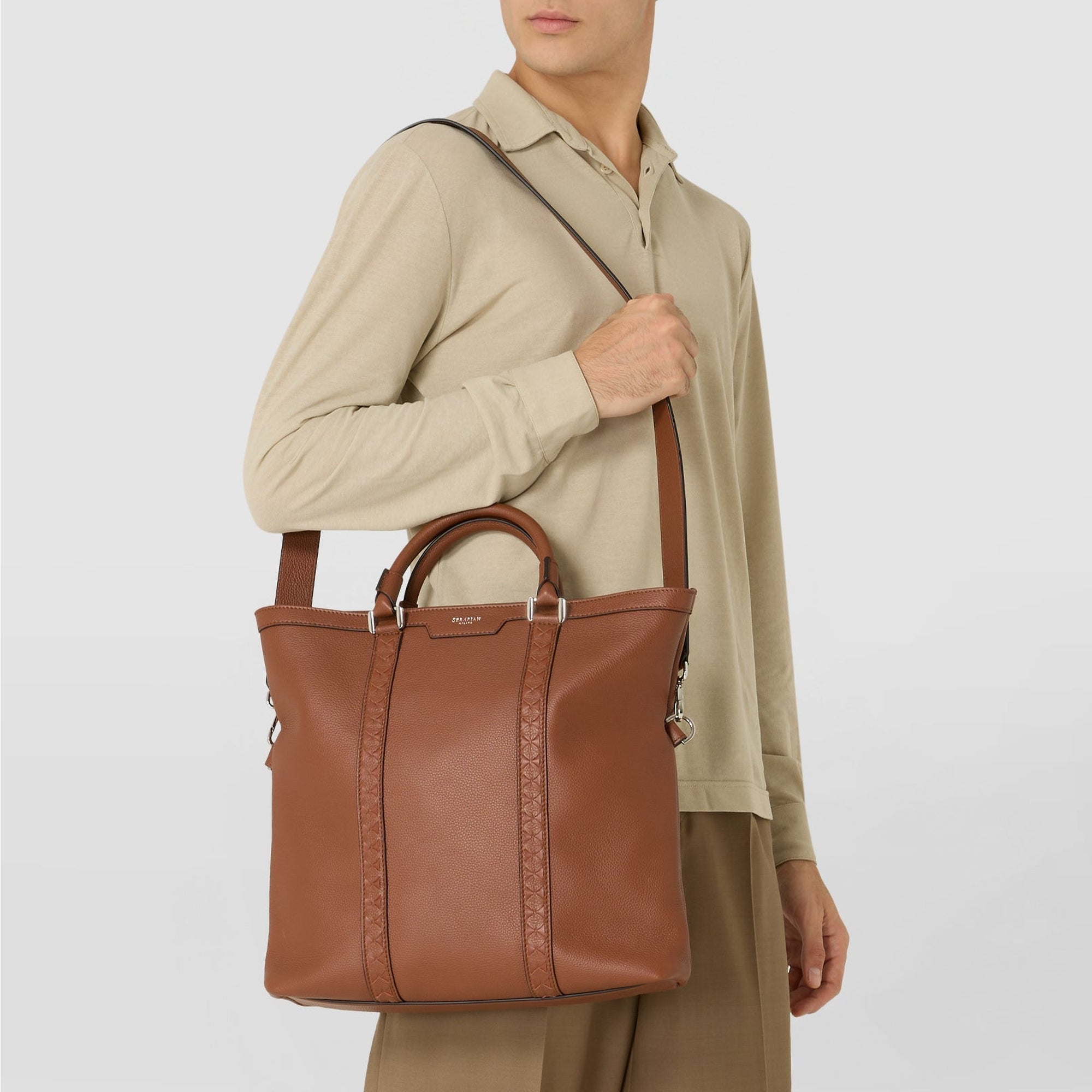 Mosaico foldable leather shopping bag - Tobacco