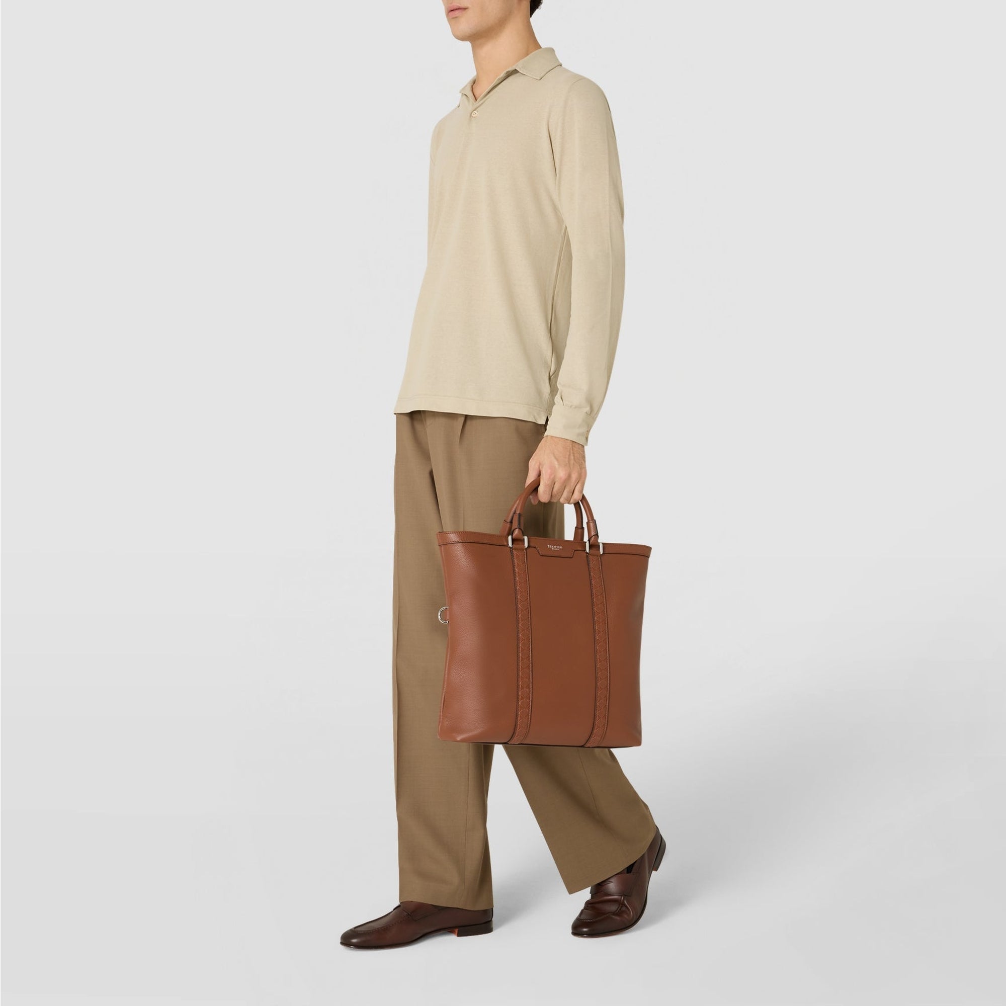 Mosaico foldable leather shopping bag - Tobacco