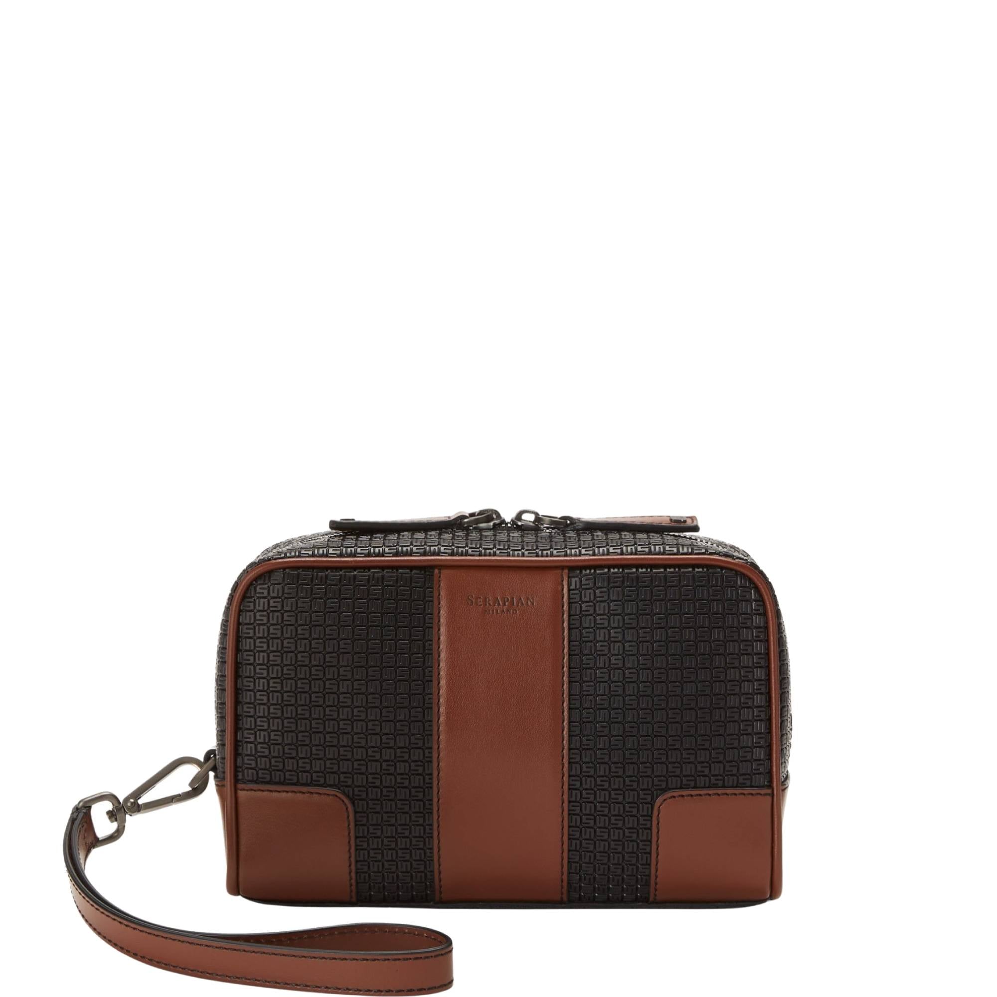 Pochette zippée en toile stepan - Black & Cuoio