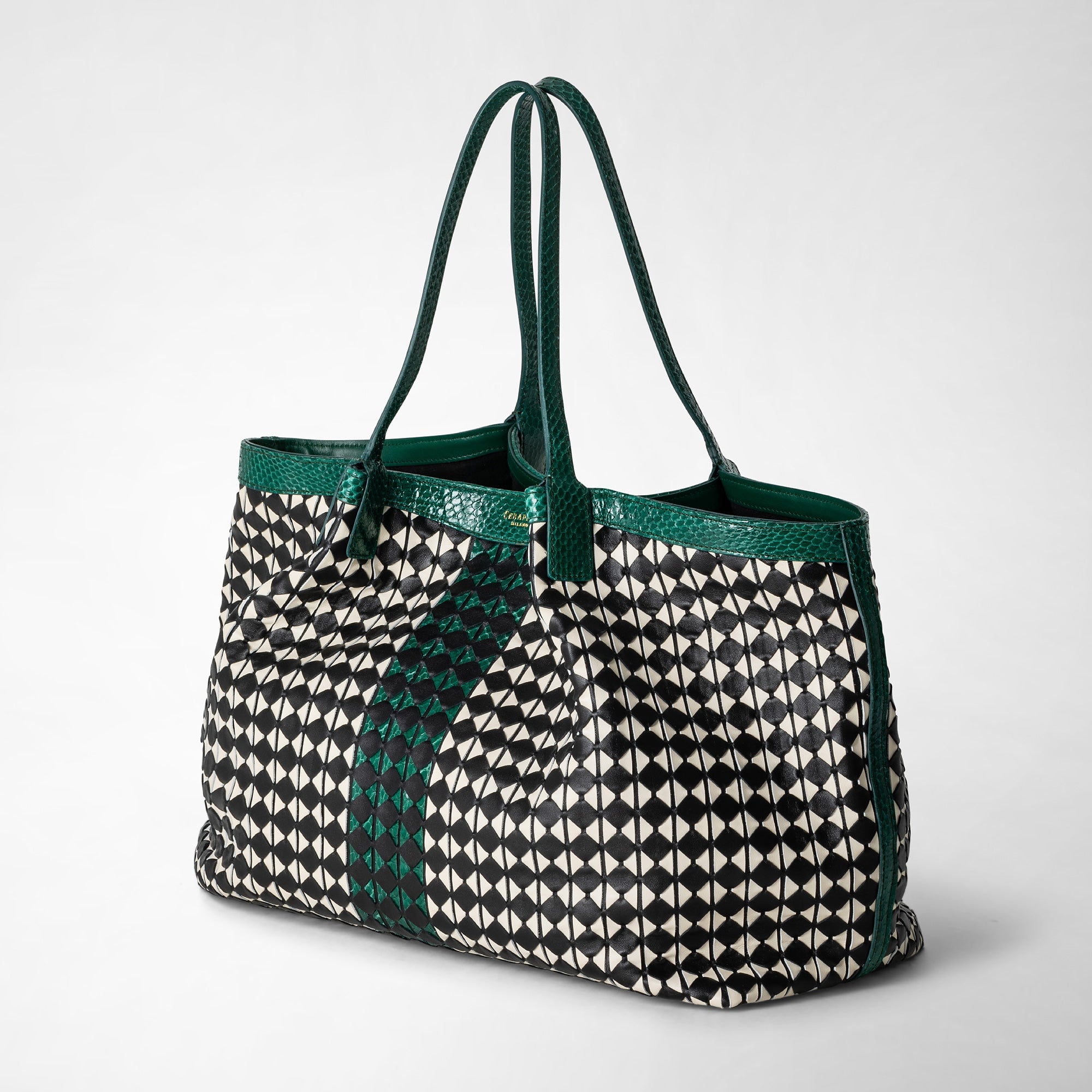 Sac Secret en cuir Mosaico - Black & Off White & Emerald