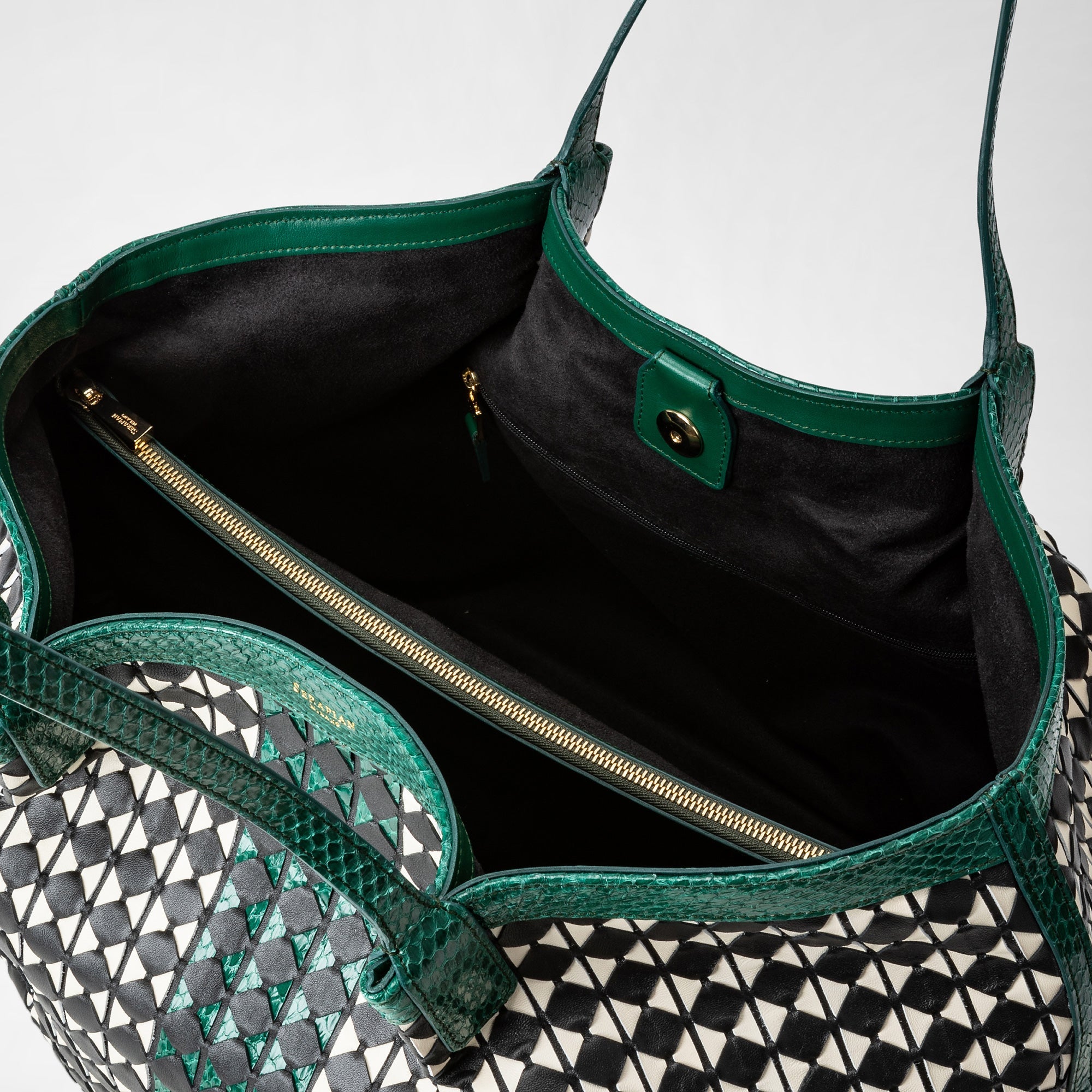 Sac Secret en cuir Mosaico - Black & Off White & Emerald