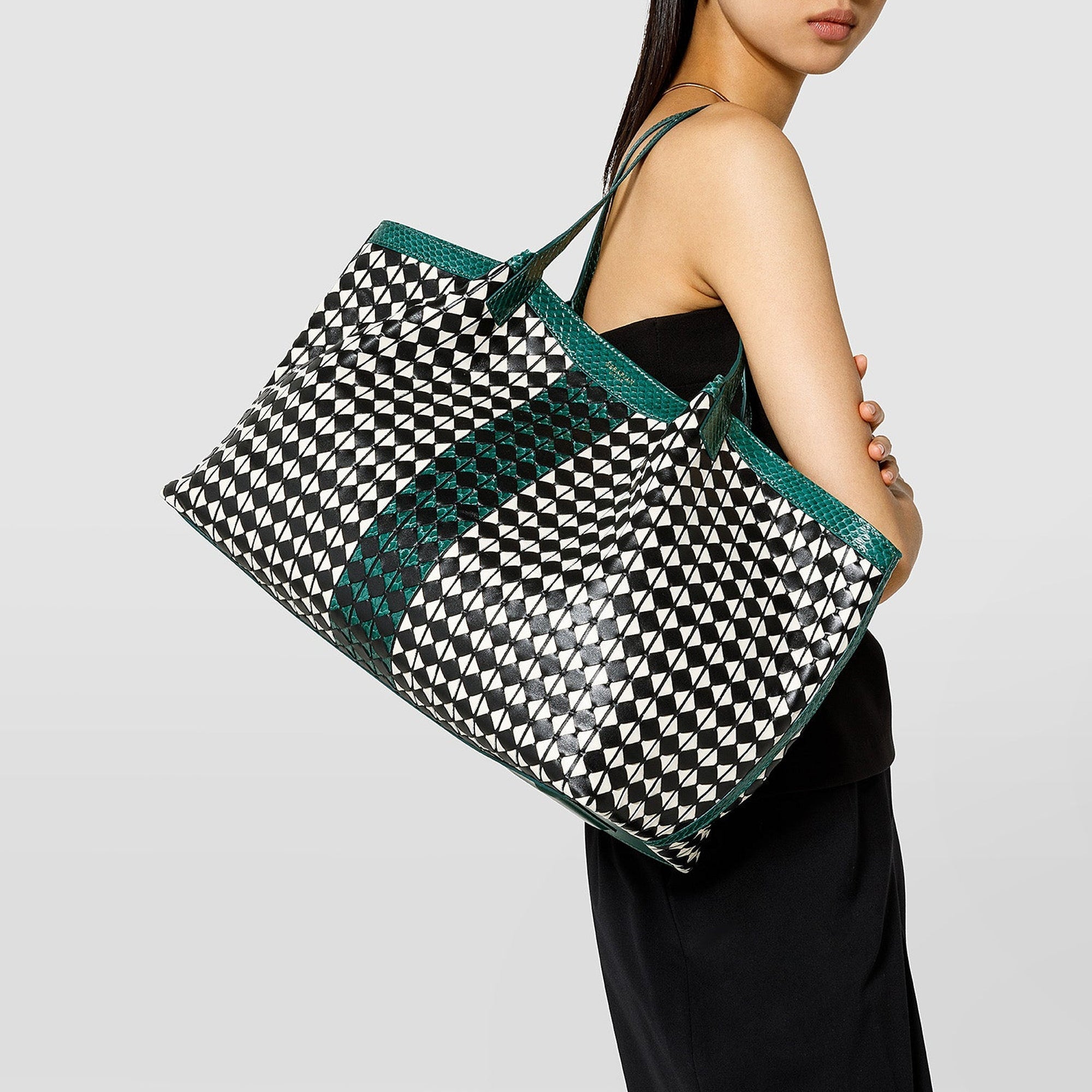 Sac Secret en cuir Mosaico - Black & Off White & Emerald