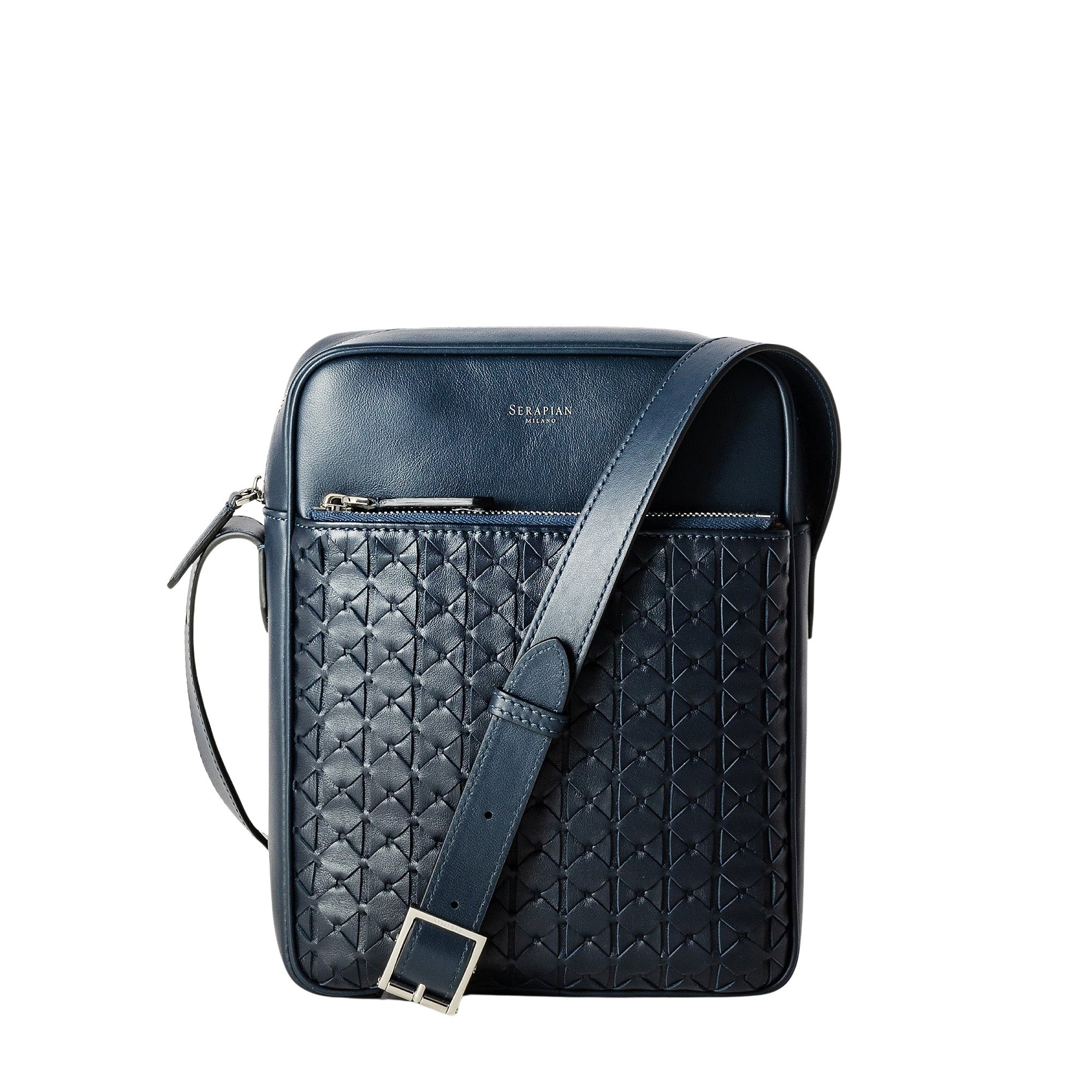 North South messenger bag in Mosaico leather - Navy Blue