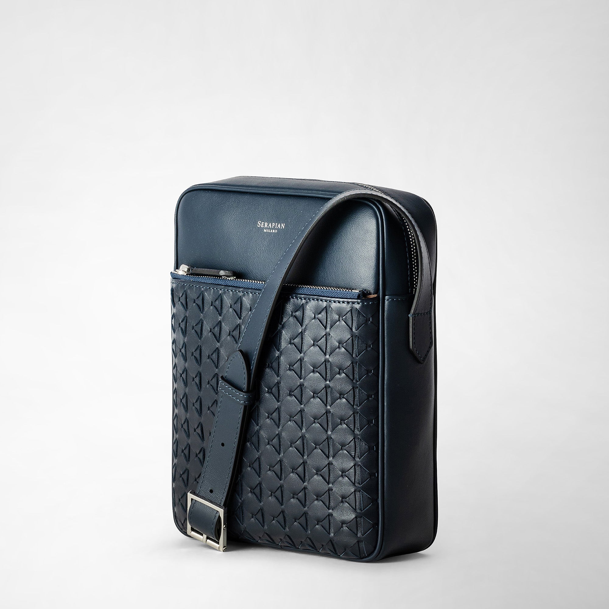 North South messenger bag in Mosaico leather - Navy Blue